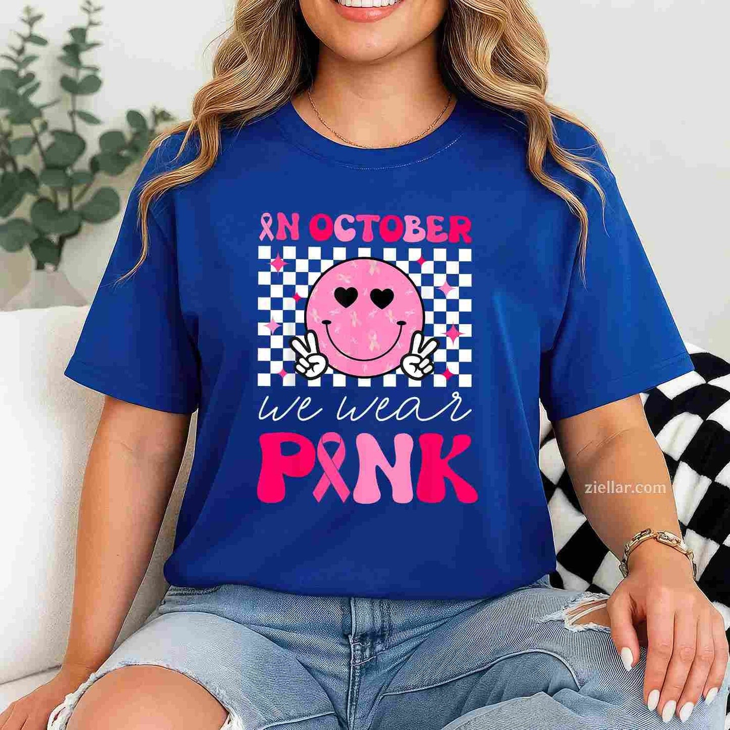 Groovy Breast Cancer Awareness In October We Wear Pink Funny Graphic Tee and T-Shirt Gift for Adults Men Women Unisex