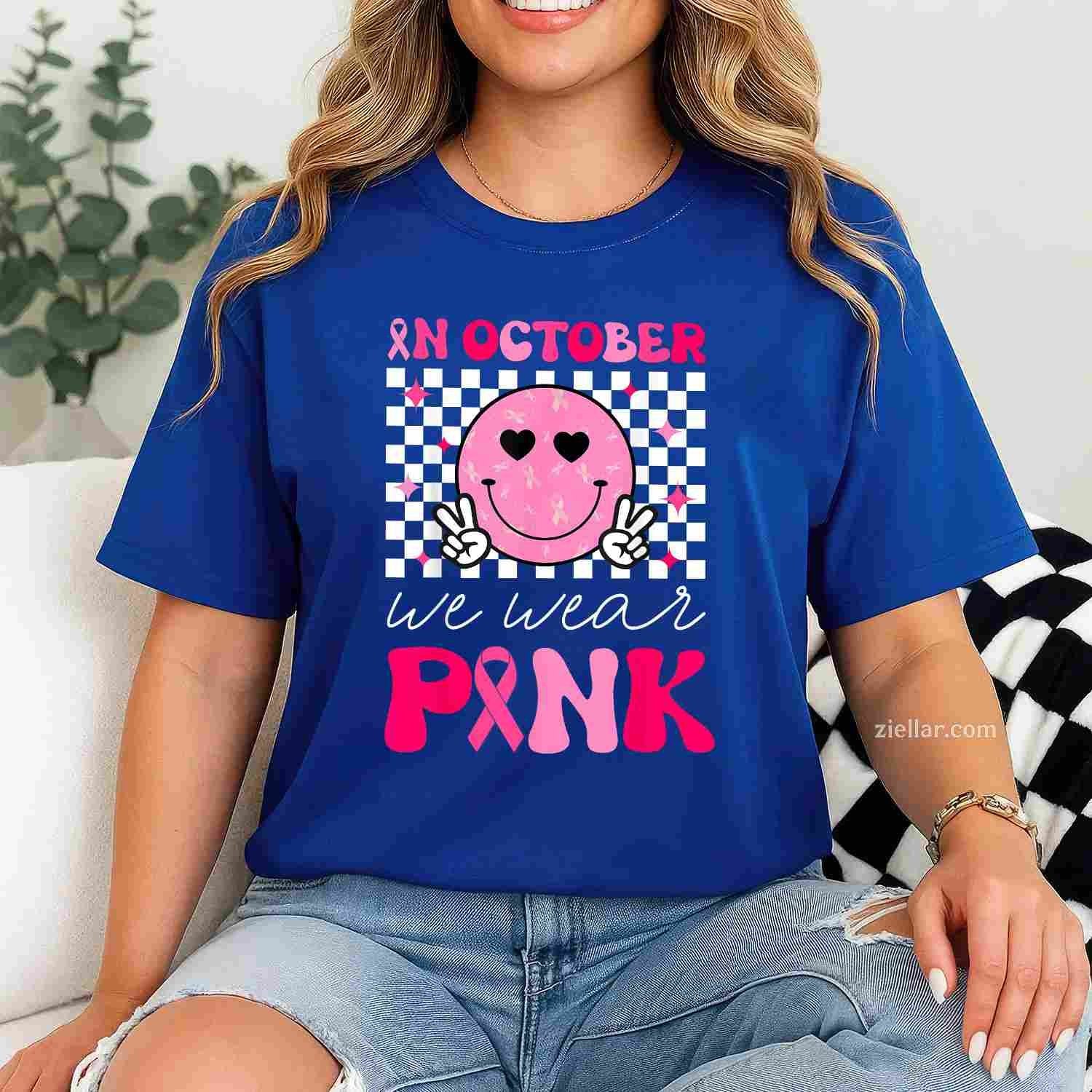 Groovy Breast Cancer Awareness In October We Wear Pink Funny Graphic Tee and T-Shirt Gift for Adults Men Women Unisex