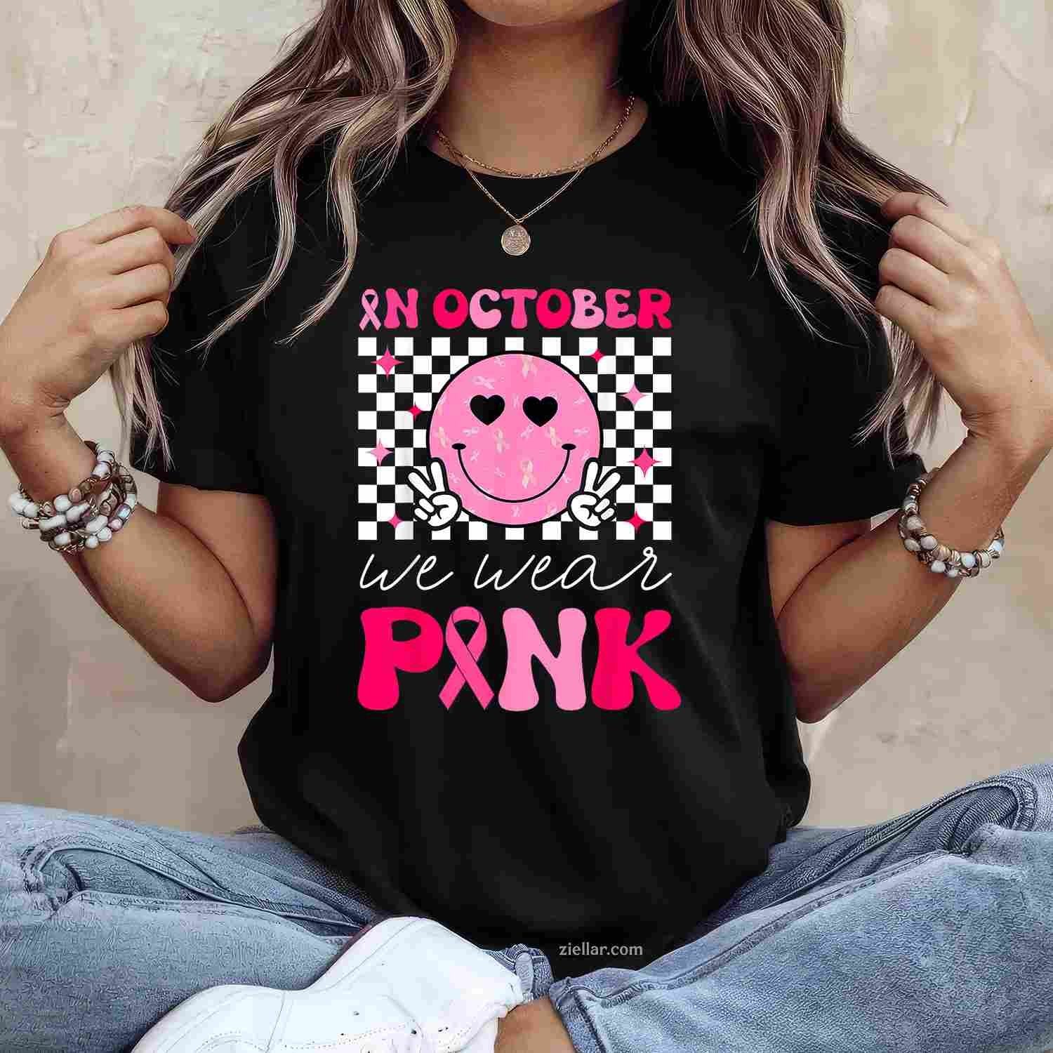 Groovy Breast Cancer Awareness In October We Wear Pink Funny Graphic Tee and T-Shirt Gift for Adults Men Women Unisex