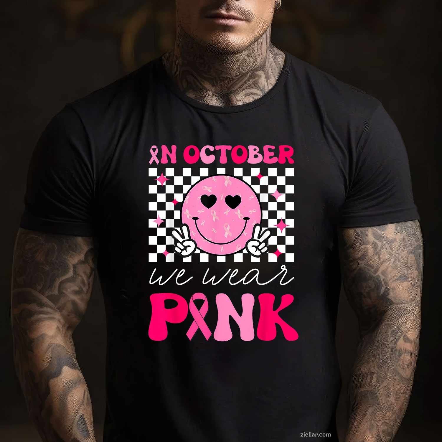 Groovy Breast Cancer Awareness In October We Wear Pink Funny Graphic Tee and T-Shirt Gift for Adults Men Women Unisex