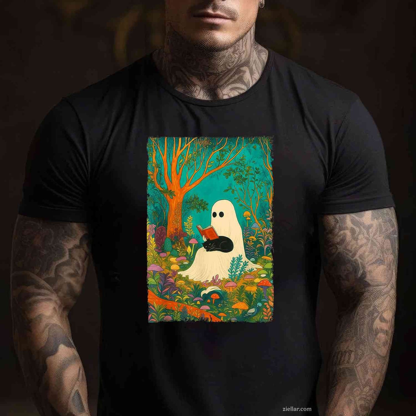 Groovy Ghost Reading Book Black Cat Halloween Ghost Teacher Tee, Halloween T-Shirt for Men Women Adults Unisex, Cool Casual Street Style, Premium Quality