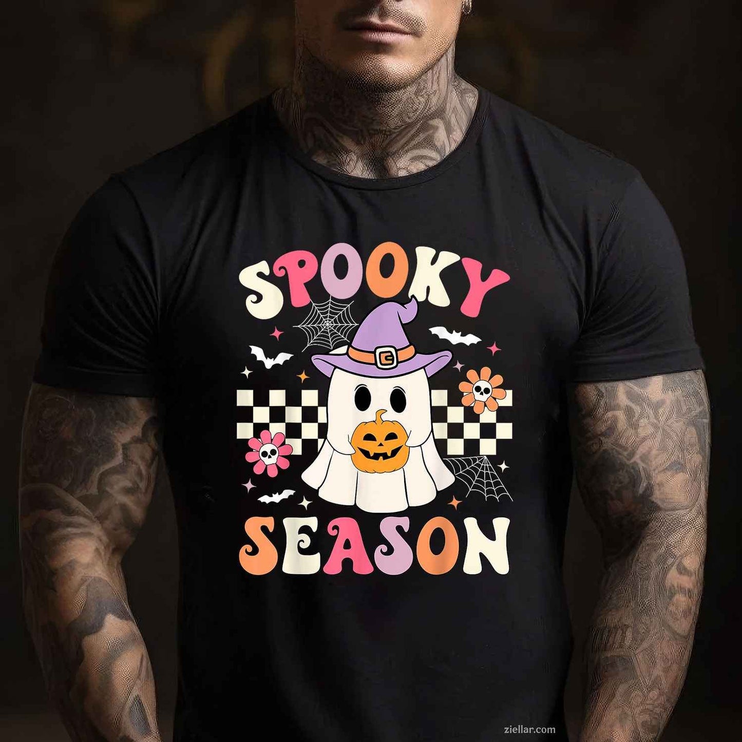 Groovy Spooky Season Retro Ghost Holding Pumpkin Halloween Tee, Halloween T-Shirt for Men Women Adults Unisex, Trendy Graphic Apparel, Unique Gift Idea