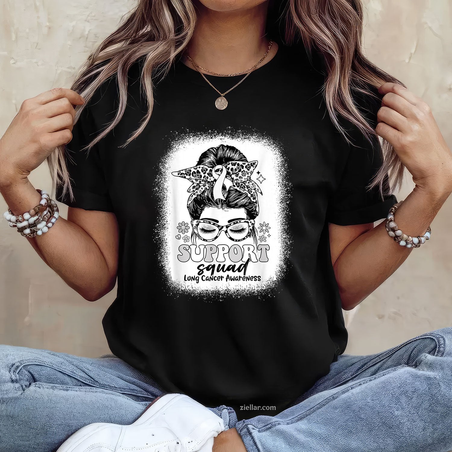 Groovy Support Squad Messy Bun Lung Cancer Awareness Gifts T-Shirt