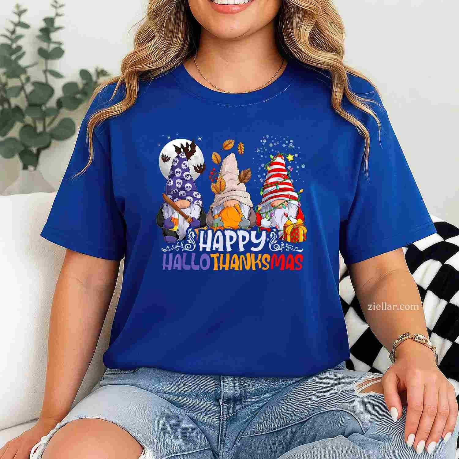 HalloThanksMas Gnomes Halloween Thanksgiving Christmas Happy Funny Graphic Tee and T-Shirt Gift for Adults Men Women Unisex