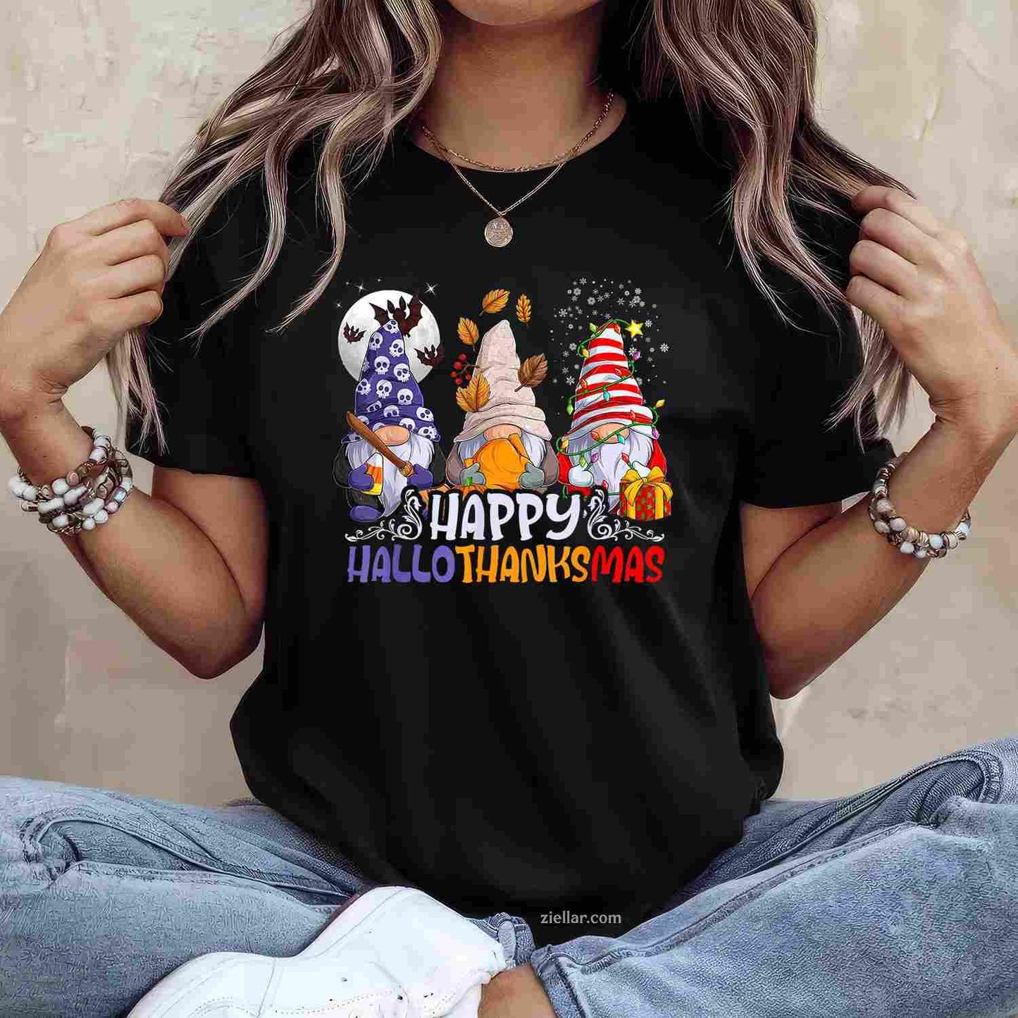 HalloThanksMas Gnomes Halloween Thanksgiving Christmas Happy Funny Graphic Tee and T-Shirt Gift for Adults Men Women Unisex