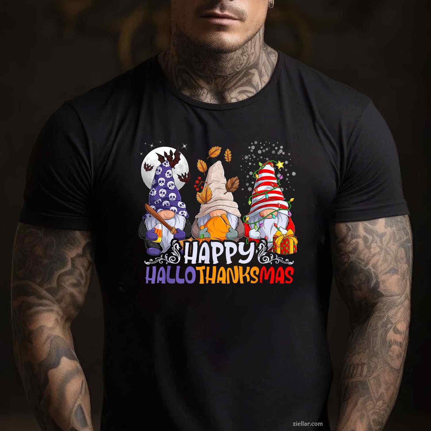 HalloThanksMas Gnomes Halloween Thanksgiving Christmas Happy Funny Graphic Tee and T-Shirt Gift for Adults Men Women Unisex