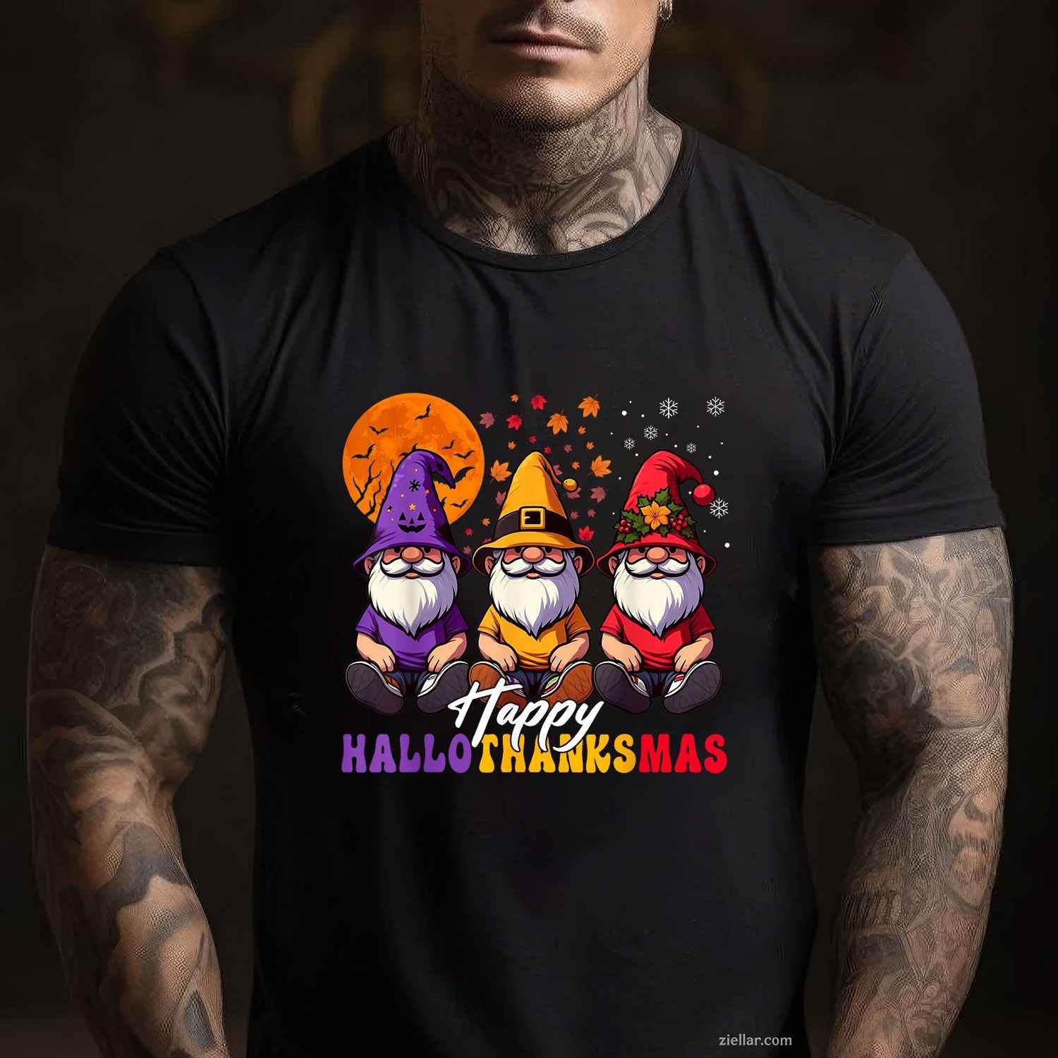 Halloween Thanksgiving Christmas Happy HalloThanksMas Gnomes Funny Graphic Tee and T-Shirt Gift for Adults Men Women Unisex