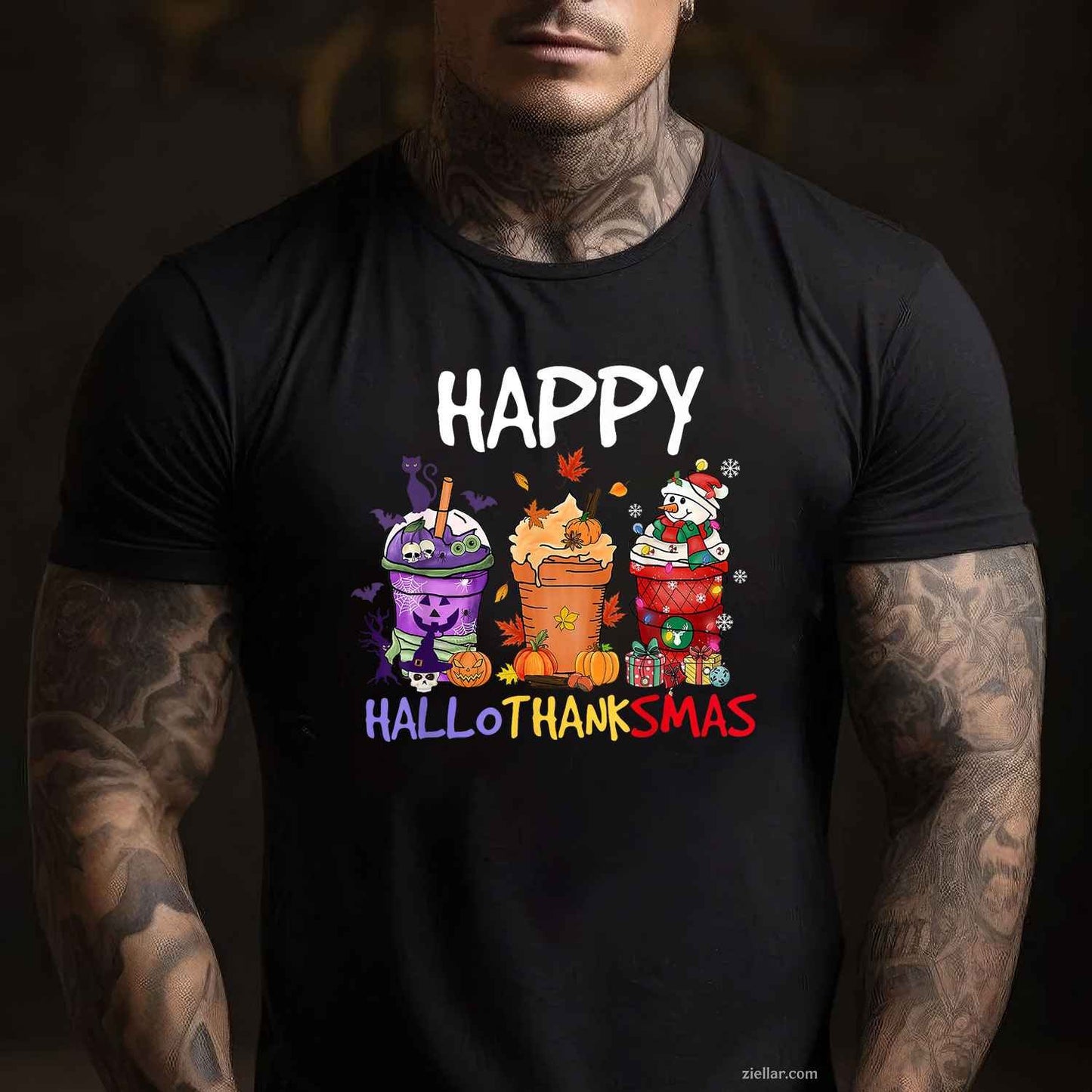 Halloween Thanksgiving Happy Hallothanksmas Season Coffee Funny Graphic Tee and T-Shirt Gift for Adults Men Women Unisex
