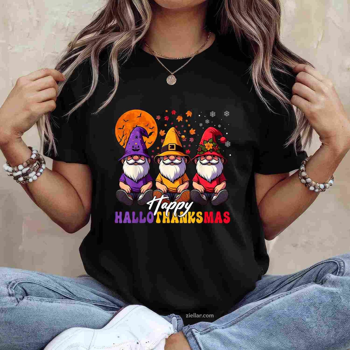 Halloween Thanksgiving Christmas Happy HalloThanksMas Gnomes Funny Graphic Tee and T-Shirt Gift for Adults Men Women Unisex
