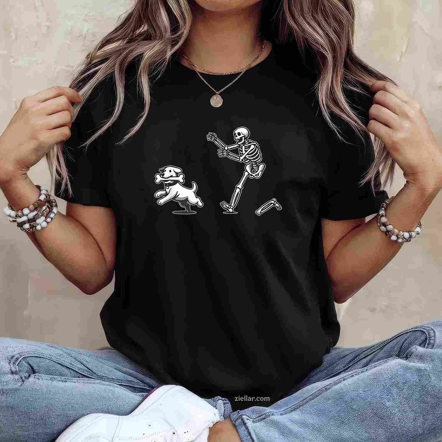 Halloween Dog, Funny Skeleton, Skeleton Chasing Dog Men Women Tee, Halloween T-Shirt for Men Women Adults Unisex, Bold Statement Graphic, Party Outfit Favorite