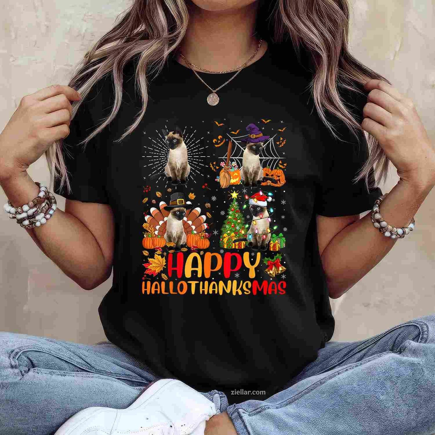 Halloween Thanksgiving Christmas Siamese Cat Hallothanksmas for Men Women Tee, Halloween T-Shirt for Men Women Adults Unisex, Trendy Graphic Apparel, Unique Gift Idea
