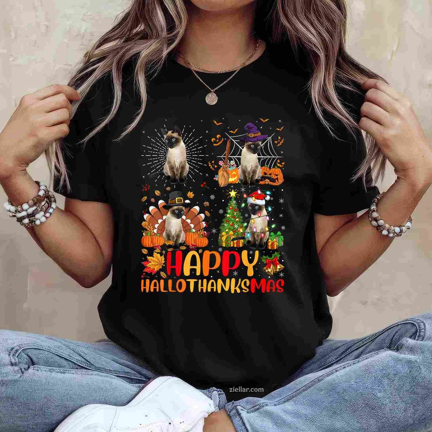 Halloween Thanksgiving Christmas Siamese Cat Hallothanksmas for Men Women Tee, Halloween T-Shirt for Men Women Adults Unisex, Trendy Graphic Apparel, Unique Gift Idea