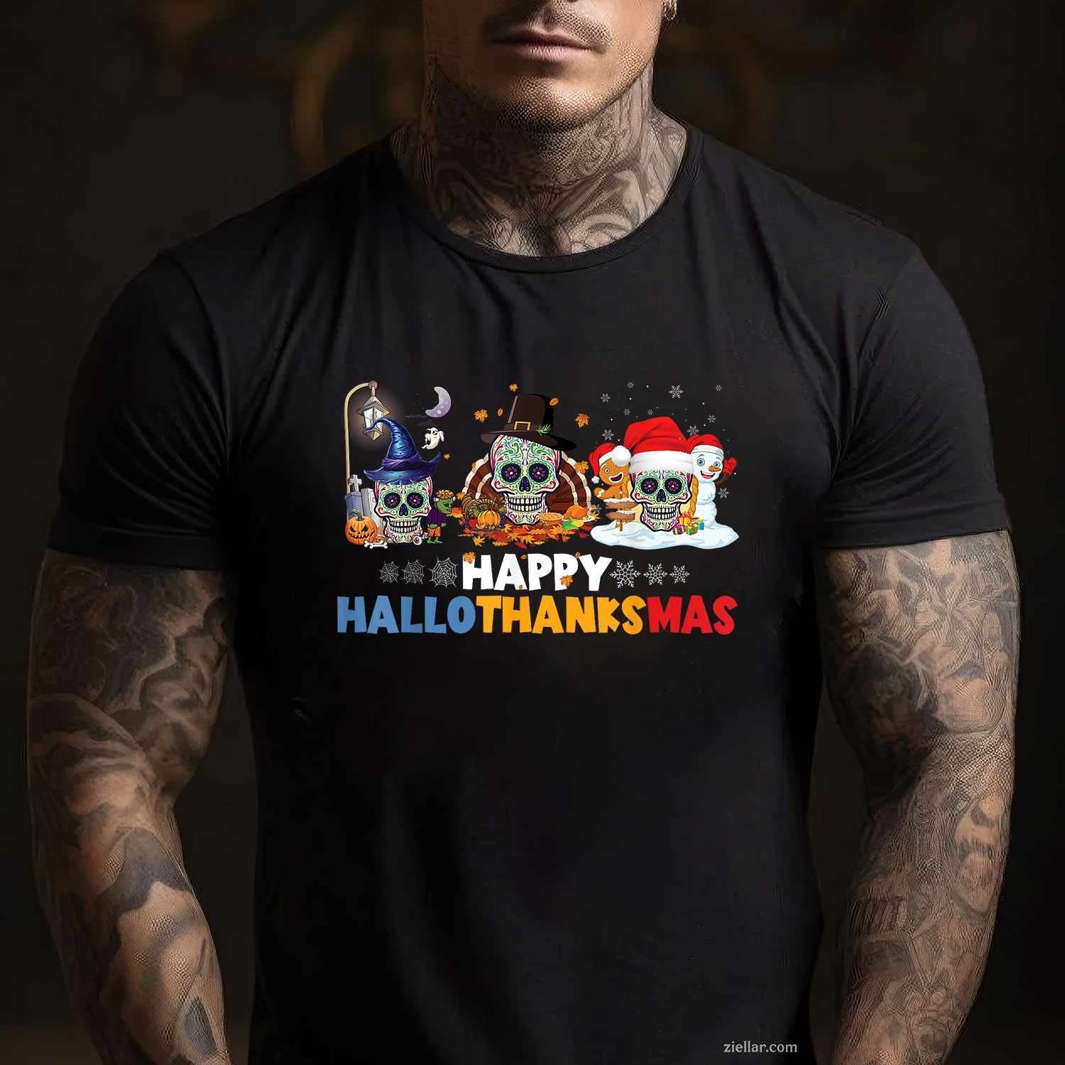 Halloween Thanksgiving Xmas Happy Hallothanksmas Sugar Skull Funny Graphic Tee and T-Shirt Gift for Adults Men Women Unisex