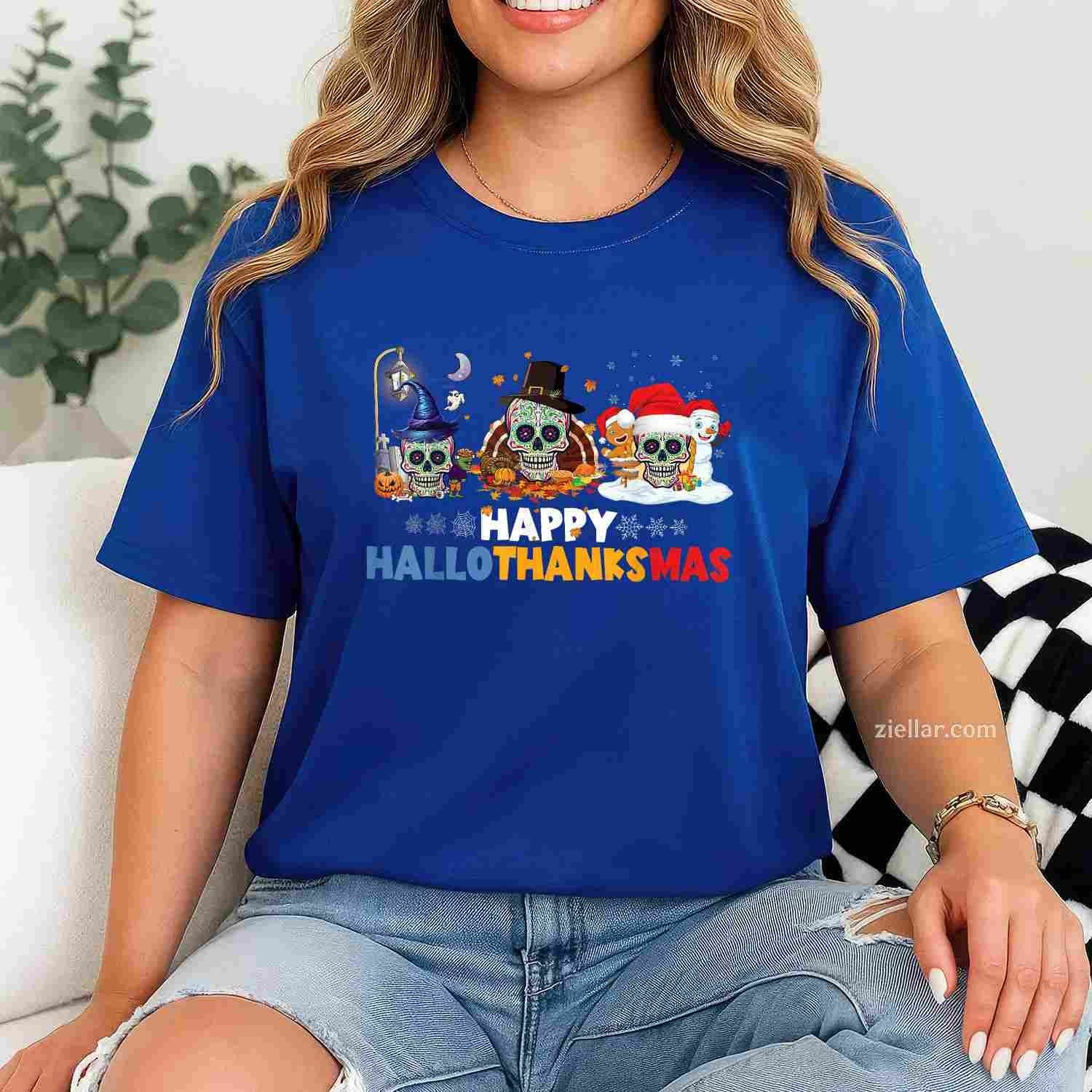 Halloween Thanksgiving Xmas Happy Hallothanksmas Sugar Skull Funny Graphic Tee and T-Shirt Gift for Adults Men Women Unisex
