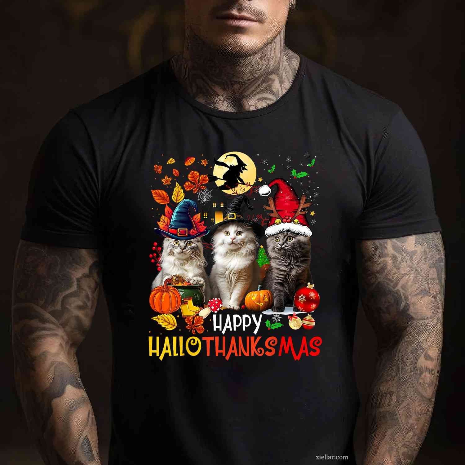 Halloween Thanksgiving Christmas Happy HalloThanksMas Cats Tee, Halloween T-Shirt for Men Women Adults Unisex, Trendy Graphic Apparel, Unique Gift Idea