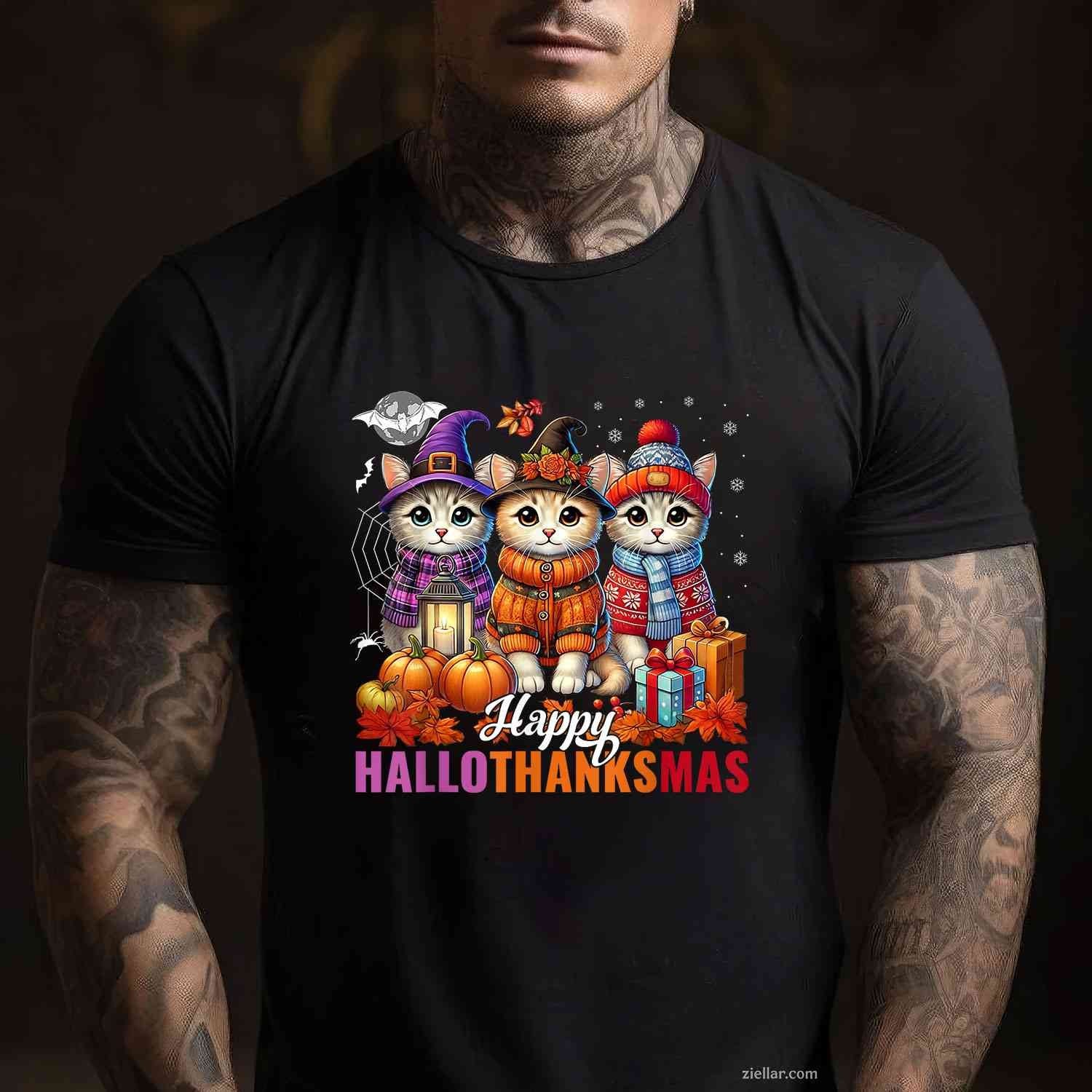 Halloween Thanksgiving Christmas Happy HalloThanksMas Cats Funny Graphic Tee and T-Shirt Gift for Adults Men Women Unisex Perfect Gift