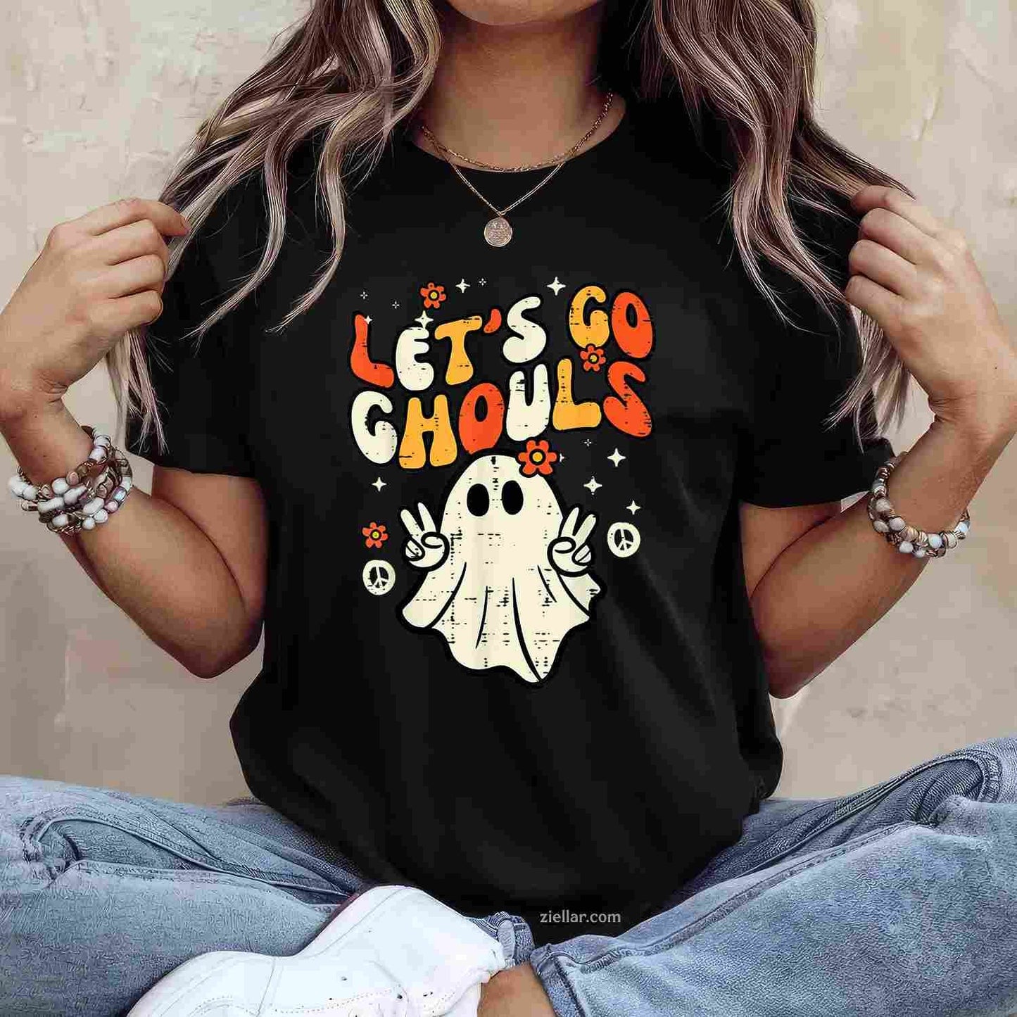 Halloween Lets Go Ghouls Ghost Retro Costume Women Tee, Halloween T-Shirt for Men Women Adults Unisex, Bold Statement Graphic, Party Outfit Favorite