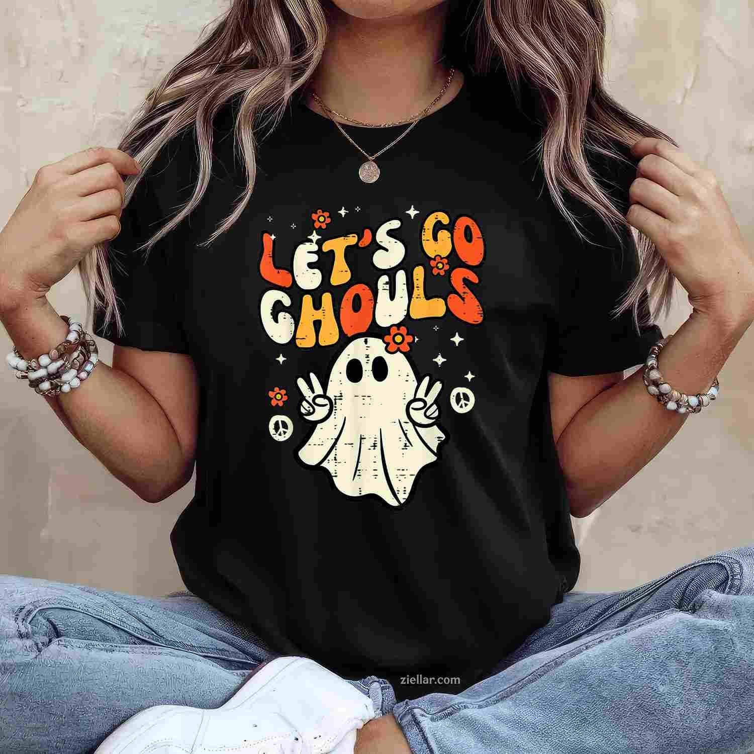 Halloween Lets Go Ghouls Ghost Retro Costume Women Tee, Halloween T-Shirt for Men Women Adults Unisex, Bold Statement Graphic, Party Outfit Favorite