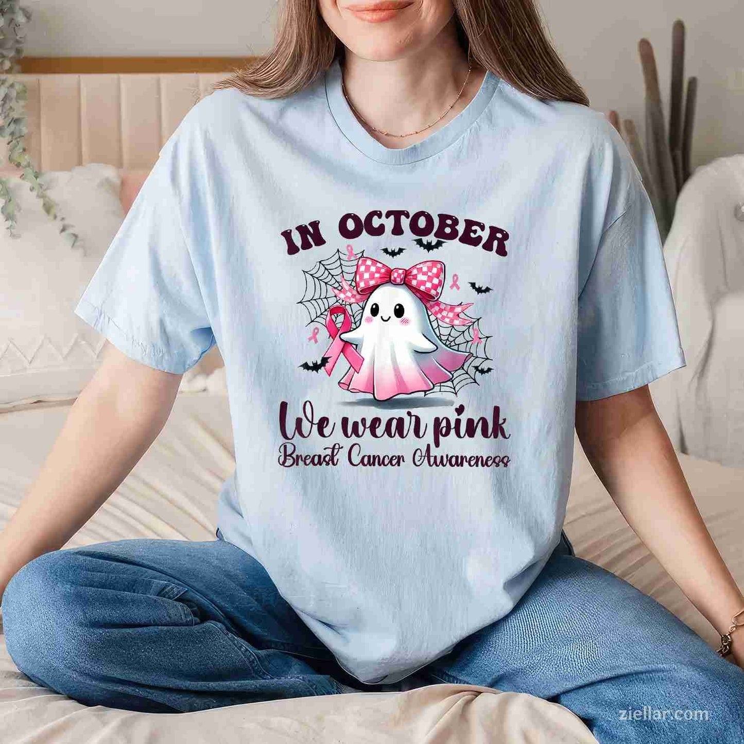 Halloween In October We Wear Pink Breast Cancer Awareness Funny Graphic Tee and T-Shirt Gift for Adults Men Women Unisex