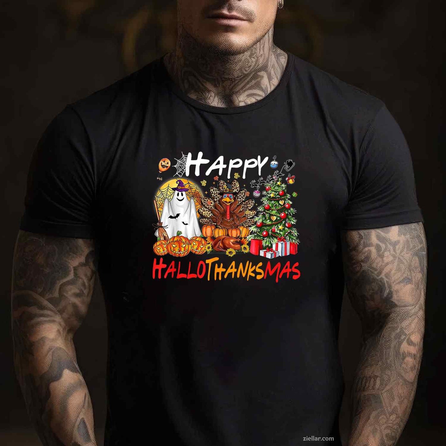 Halloween Thanksgiving Christmas Turkey Happy HalloThanksMas Funny Graphic Tee and T-Shirt Gift for Adults Men Women Unisex