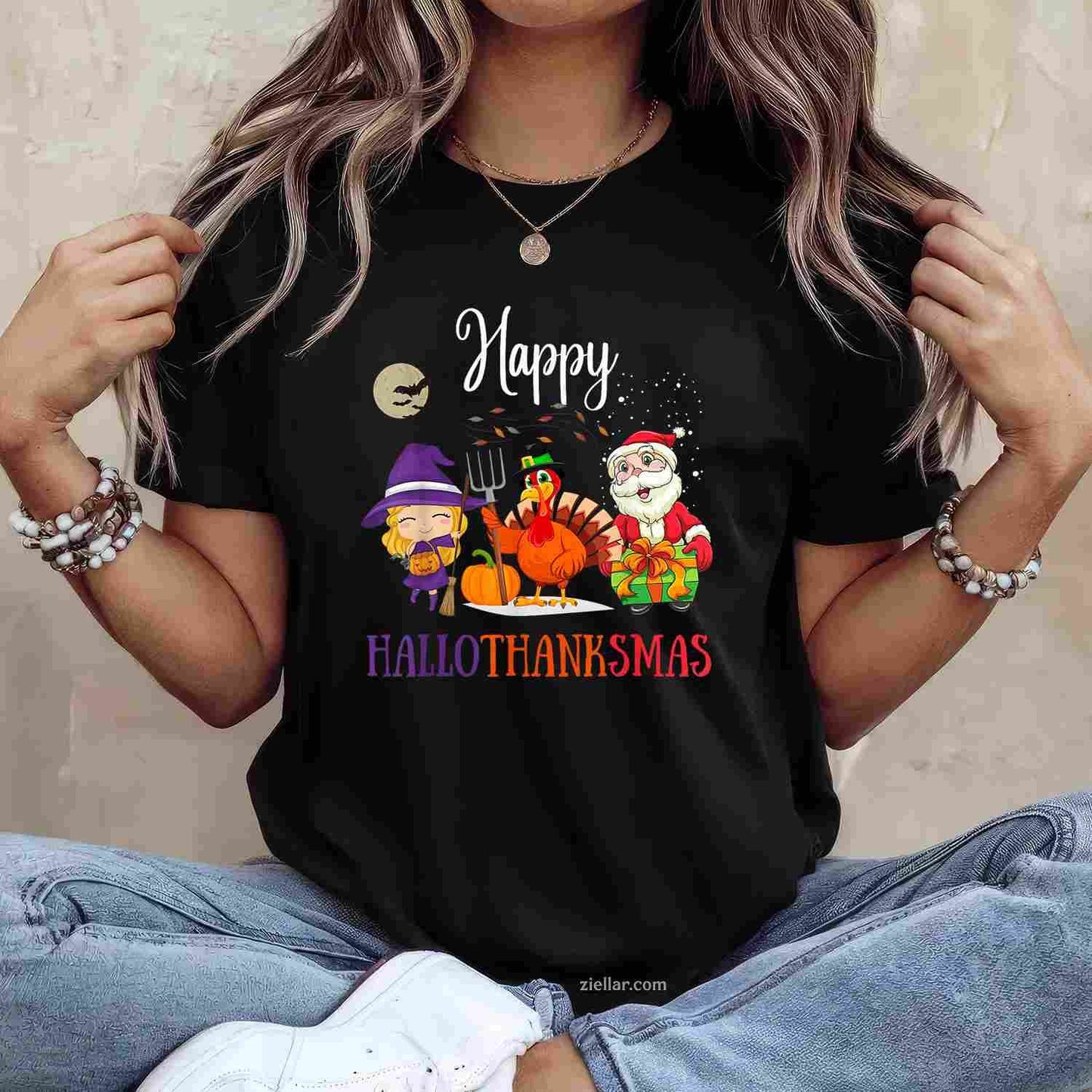 Halloween Thanksgiving Christmas Happy Hallothanksmas Funny Graphic Tee and T-Shirt Gift for Adults Men Women Unisex