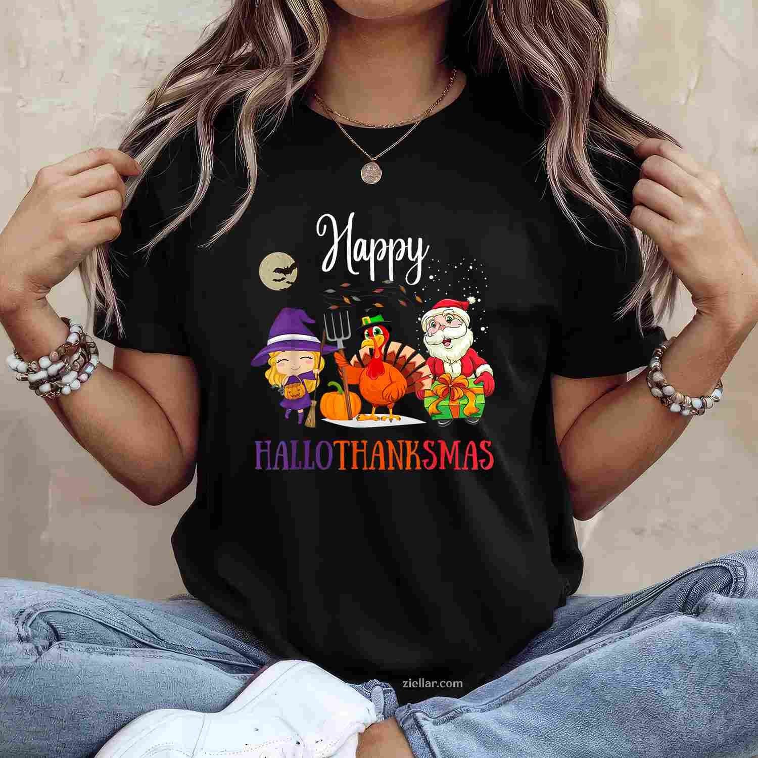 Halloween Thanksgiving Christmas Happy Hallothanksmas Funny Graphic Tee and T-Shirt Gift for Adults Men Women Unisex
