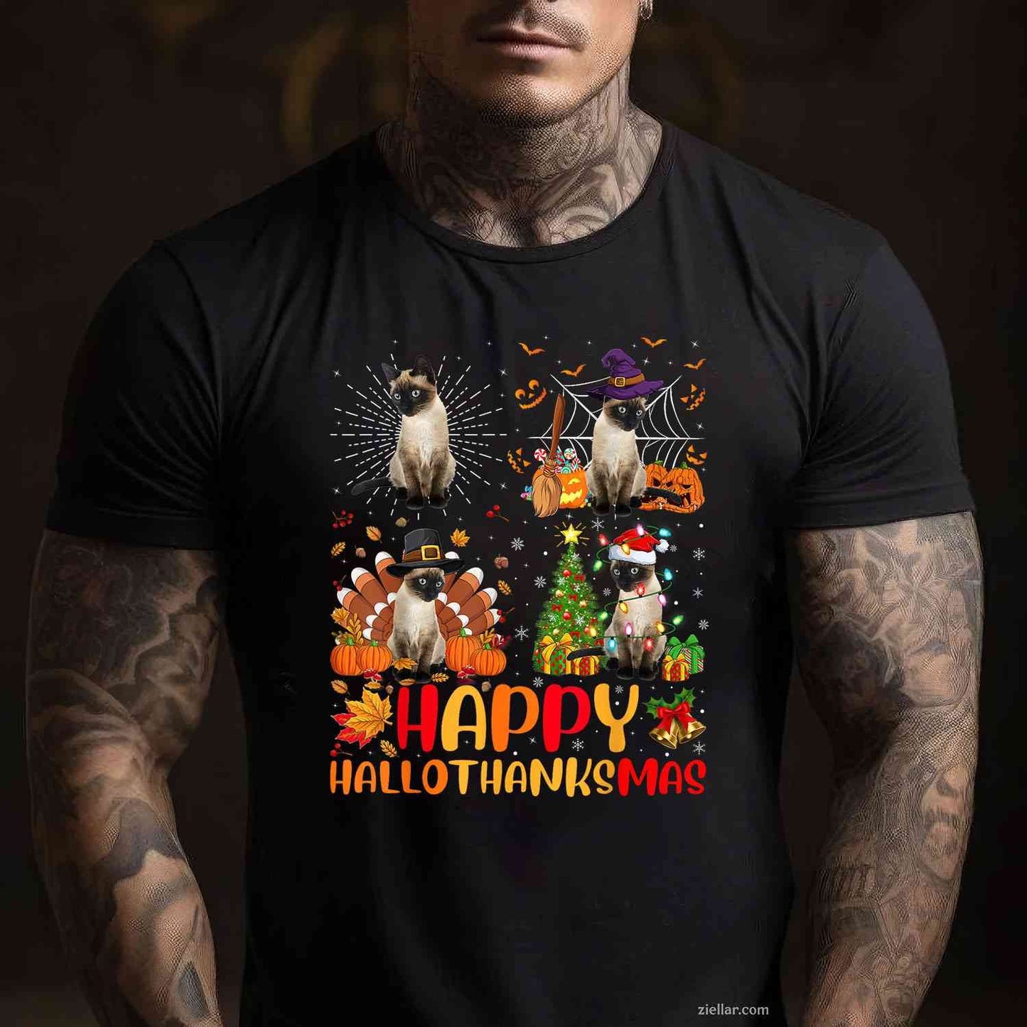 Halloween Thanksgiving Christmas Siamese Cat Hallothanksmas for Men Women Tee, Halloween T-Shirt for Men Women Adults Unisex, Trendy Graphic Apparel, Unique Gift Idea