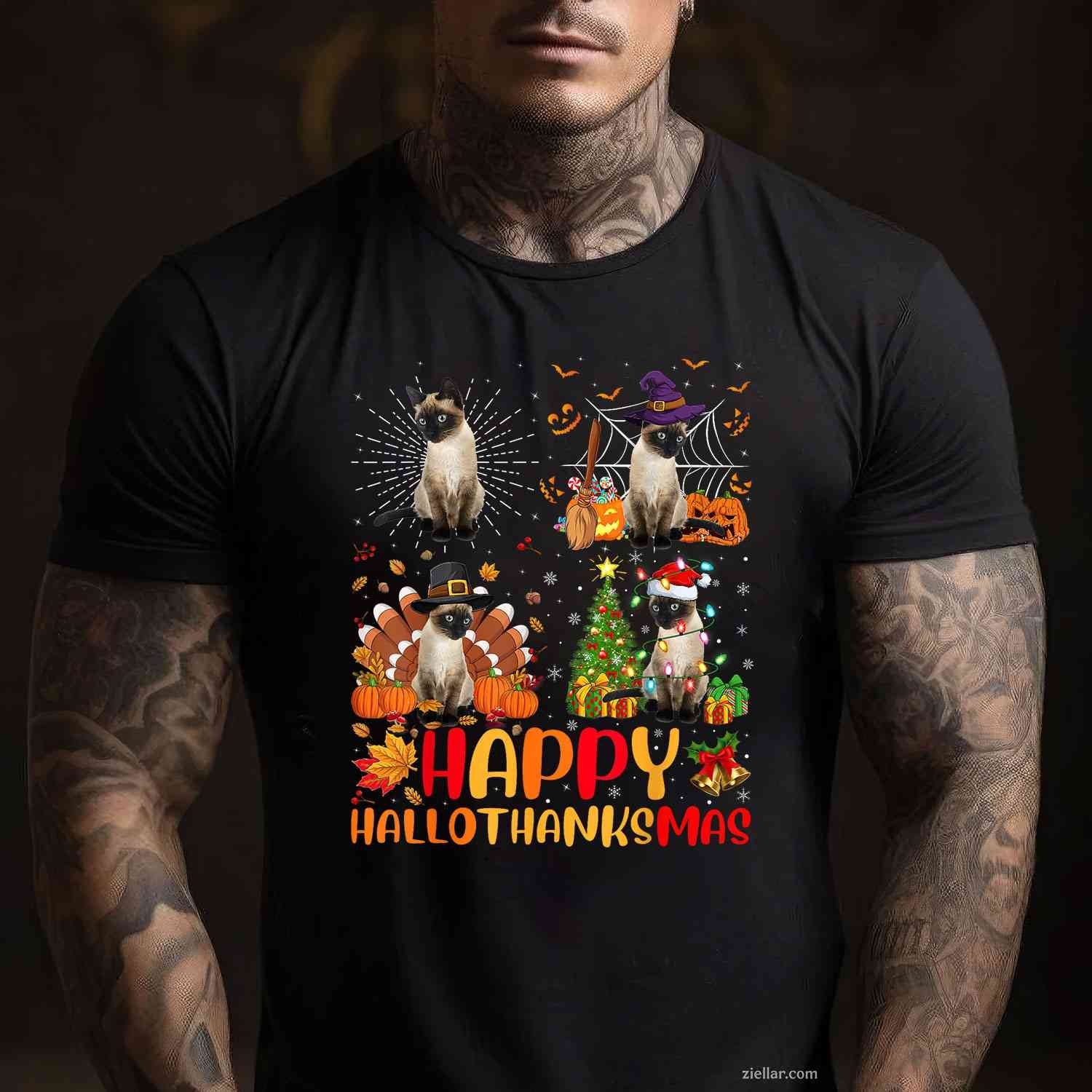 Halloween Thanksgiving Christmas Siamese Cat Hallothanksmas for Men Women Tee, Halloween T-Shirt for Men Women Adults Unisex, Trendy Graphic Apparel, Unique Gift Idea