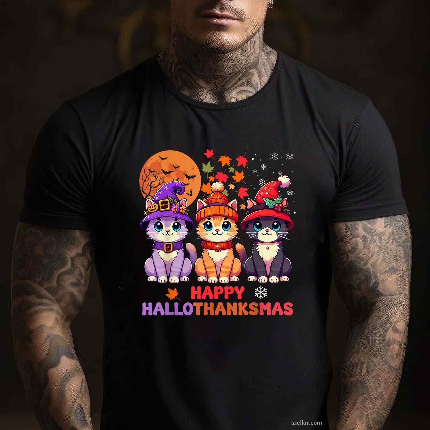Halloween Thanksgiving Christmas Happy HalloThanksMas Cats Tee, Halloween T-Shirt for Men Women Adults Unisex, Vintage Retro Graphic, Funny Novelty Gift