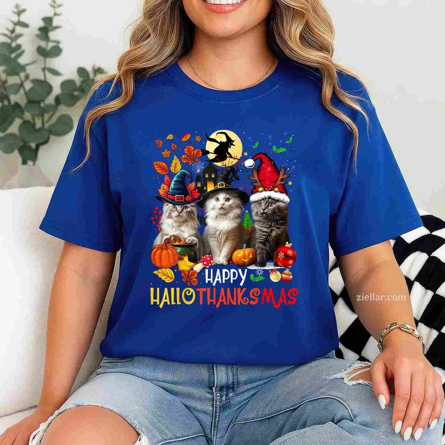 Halloween Thanksgiving Christmas Happy HalloThanksMas Cats Tee, Halloween T-Shirt for Men Women Adults Unisex, Trendy Graphic Apparel, Unique Gift Idea