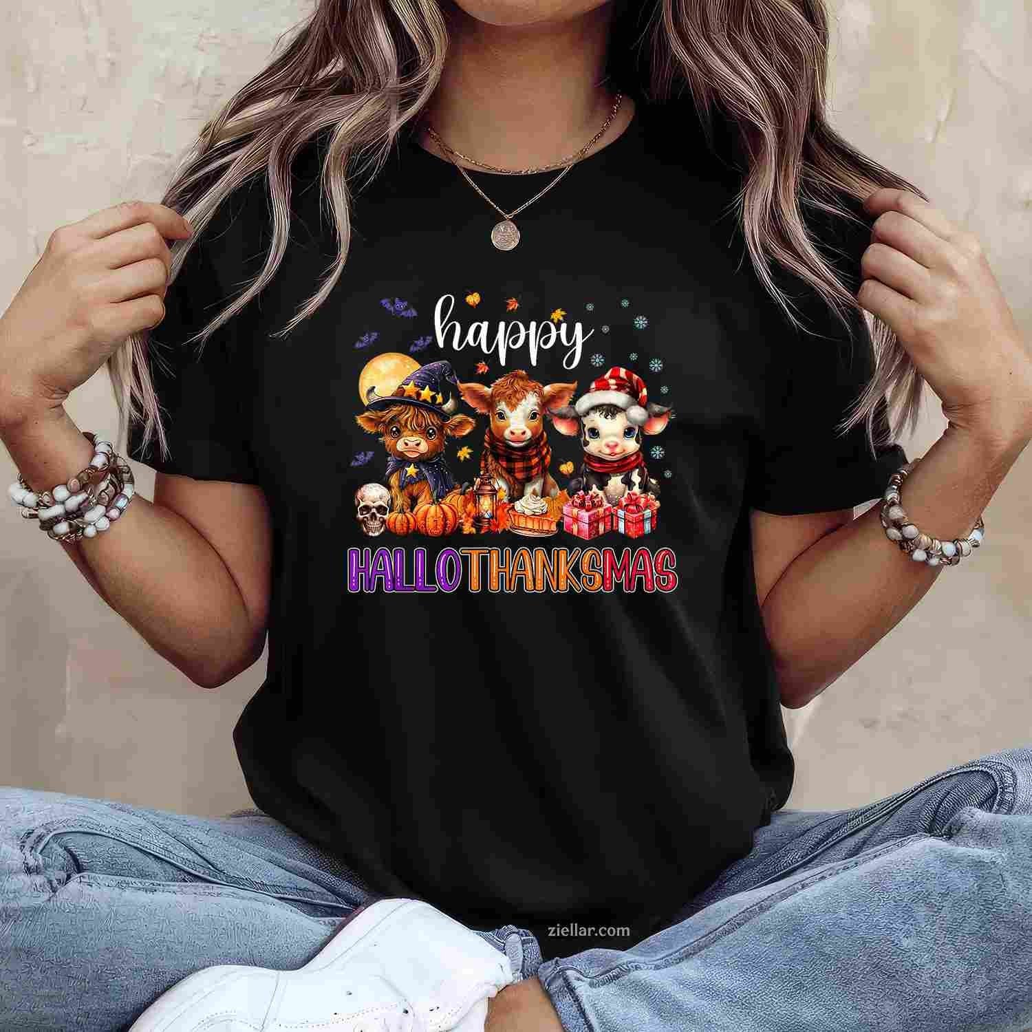 Halloween Thanksgiving Christmas Happy HalloThanksMas Cows Funny Graphic Tee and T-Shirt Gift for Adults Men Women Unisex