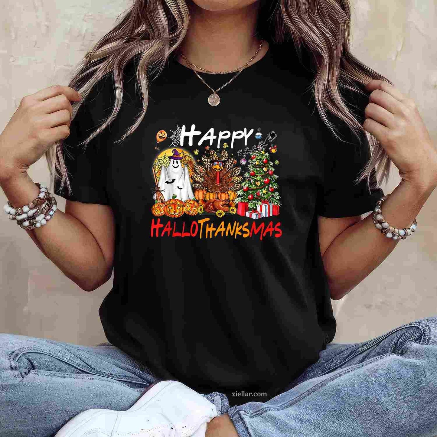 Halloween Thanksgiving Christmas Turkey Happy HalloThanksMas Funny Graphic Tee and T-Shirt Gift for Adults Men Women Unisex