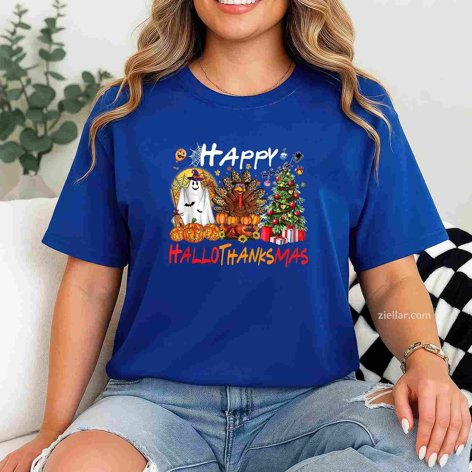 Halloween Thanksgiving Christmas Turkey Happy HalloThanksMas Funny Graphic Tee and T-Shirt Gift for Adults Men Women Unisex