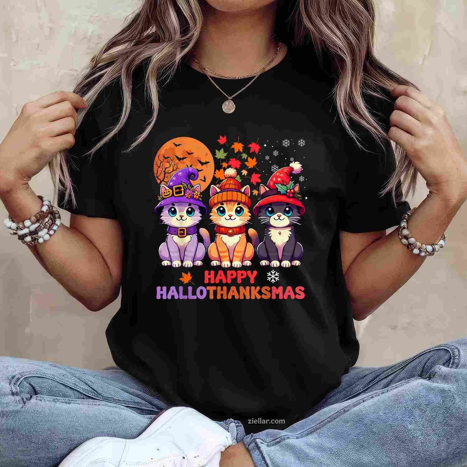 Halloween Thanksgiving Christmas Happy HalloThanksMas Cats Tee, Halloween T-Shirt for Men Women Adults Unisex, Vintage Retro Graphic, Funny Novelty Gift