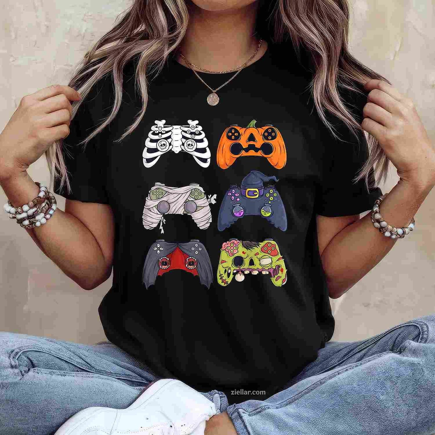 Halloween Skeleton Zombie Gaming Controllers Mummy Tee, Halloween T-Shirt for Men Women Adults Unisex, Classic Fit Unisex Design, Everyday Wear Essential