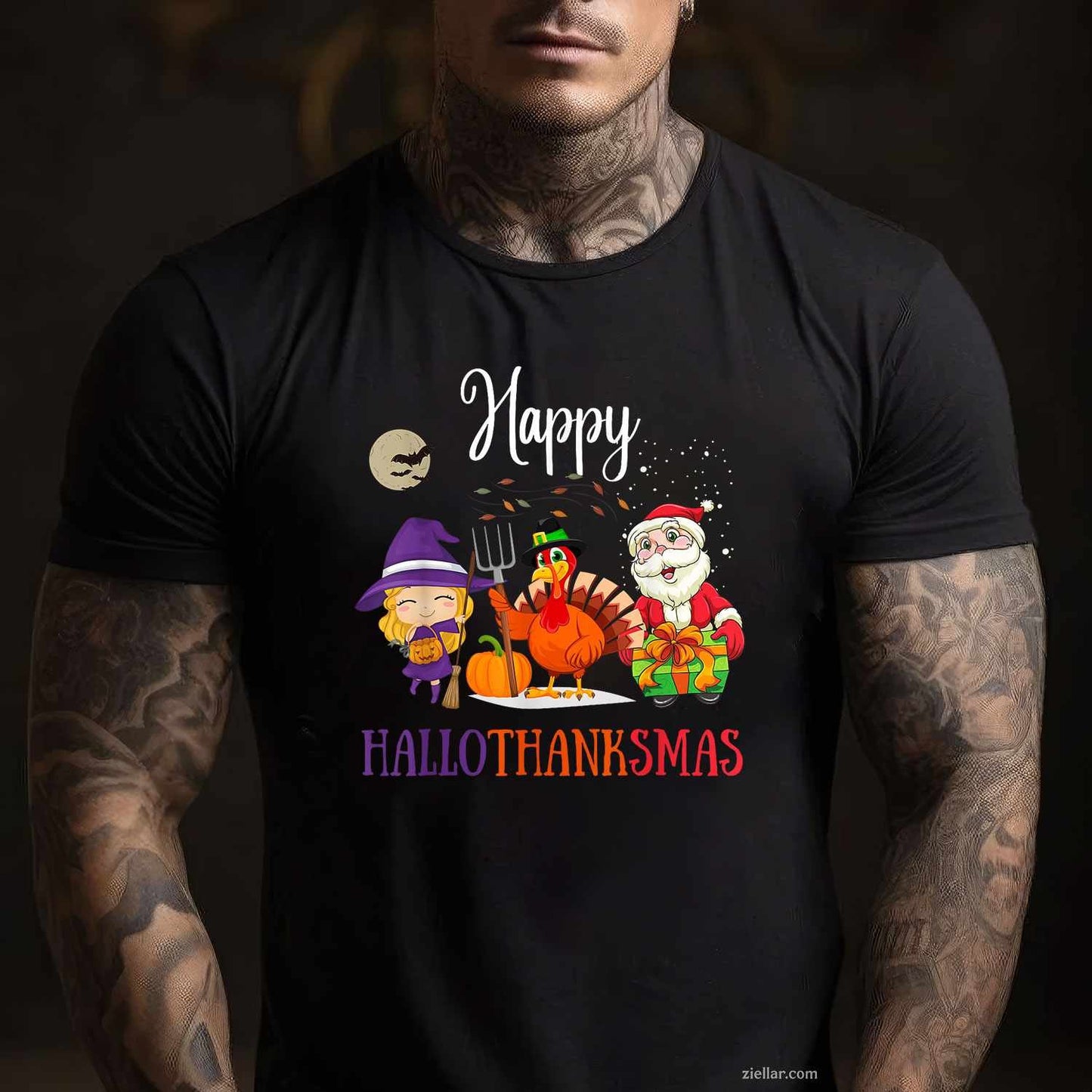 Halloween Thanksgiving Christmas Happy Hallothanksmas Funny Graphic Tee and T-Shirt Gift for Adults Men Women Unisex