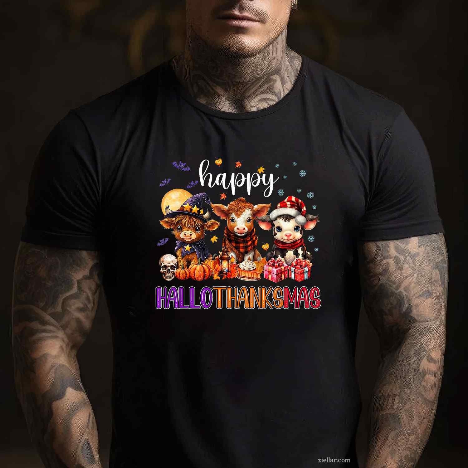 Halloween Thanksgiving Christmas Happy HalloThanksMas Cows Funny Graphic Tee and T-Shirt Gift for Adults Men Women Unisex