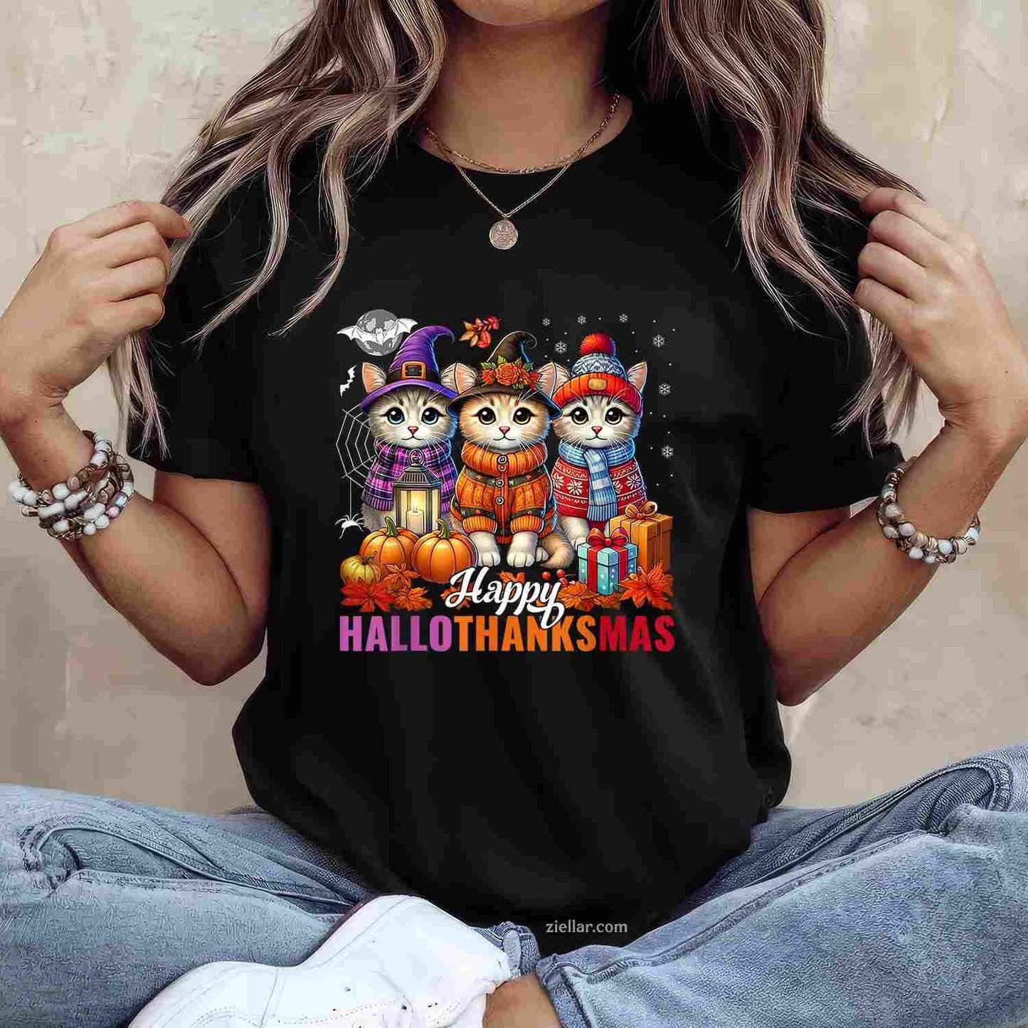 Halloween Thanksgiving Christmas Happy HalloThanksMas Cats Funny Graphic Tee and T-Shirt Gift for Adults Men Women Unisex Perfect Gift