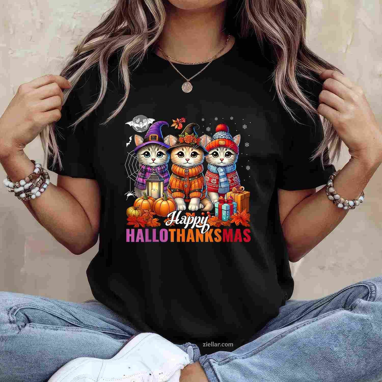Halloween Thanksgiving Christmas Happy HalloThanksMas Cats Funny Graphic Tee and T-Shirt Gift for Adults Men Women Unisex Perfect Gift