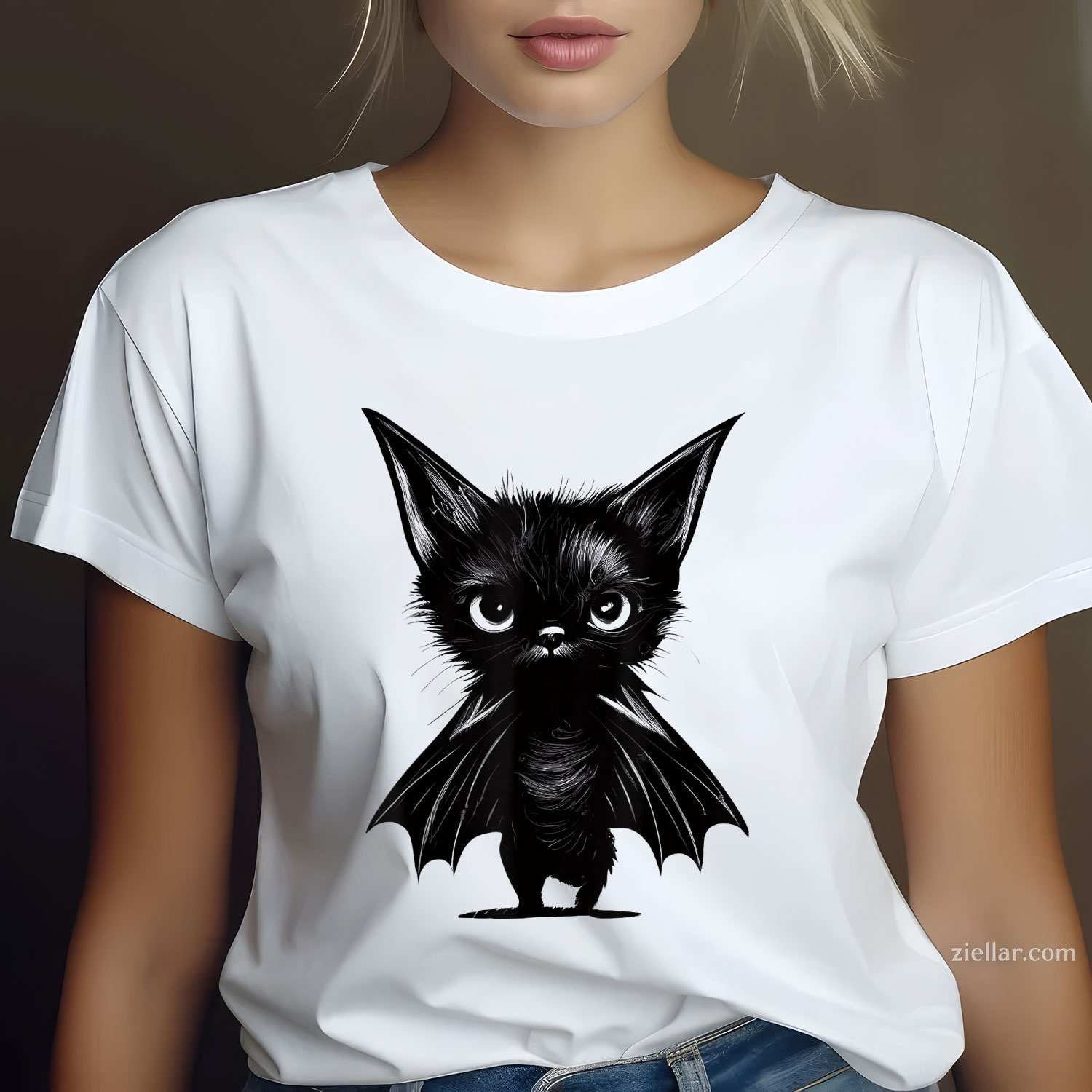 Halloween Grumpy Black Kitten In Bat Costume Tee, Halloween T-Shirt for Men Women Adults Unisex, Trendy Graphic Apparel, Unique Gift Idea