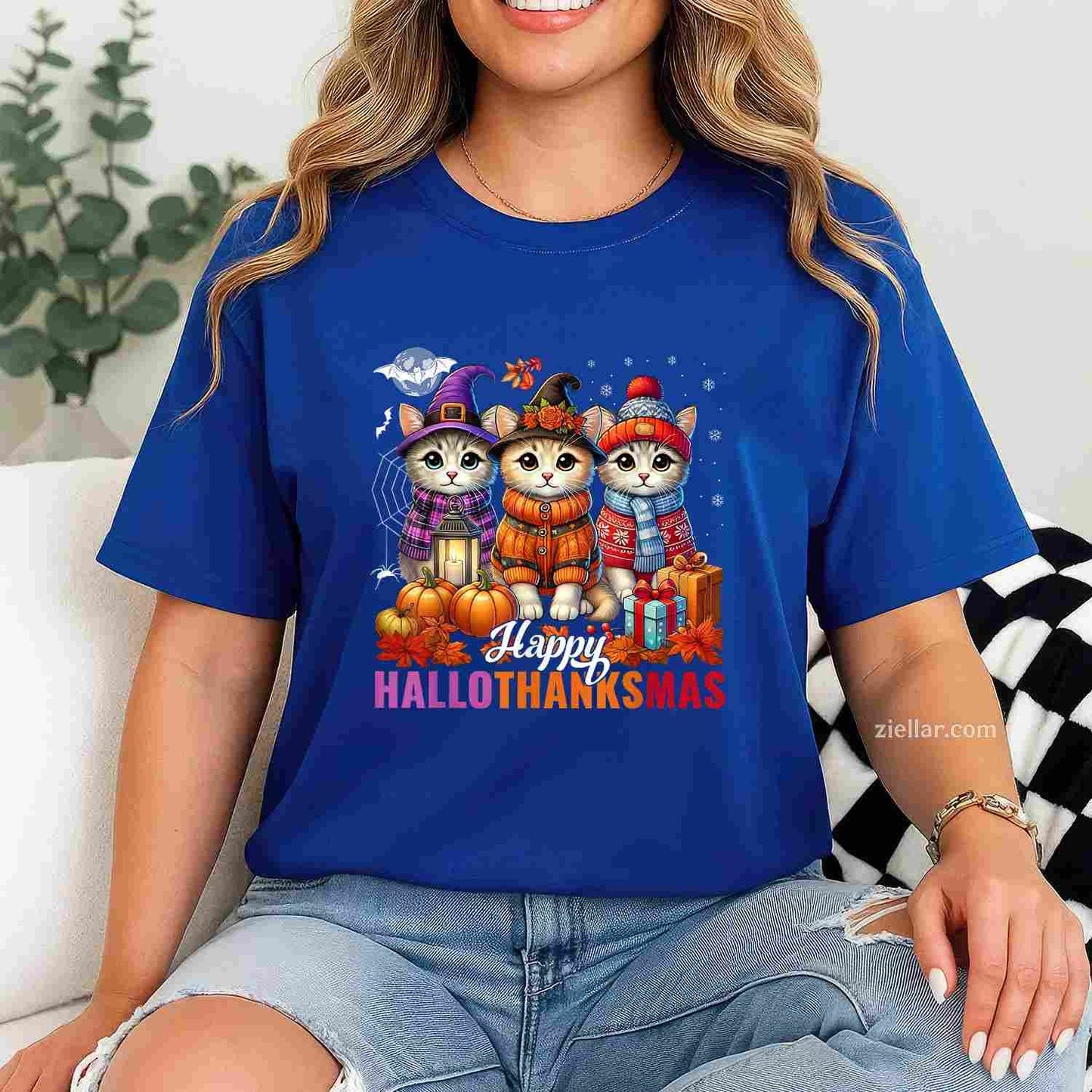 Halloween Thanksgiving Christmas Happy HalloThanksMas Cats Funny Graphic Tee and T-Shirt Gift for Adults Men Women Unisex Perfect Gift