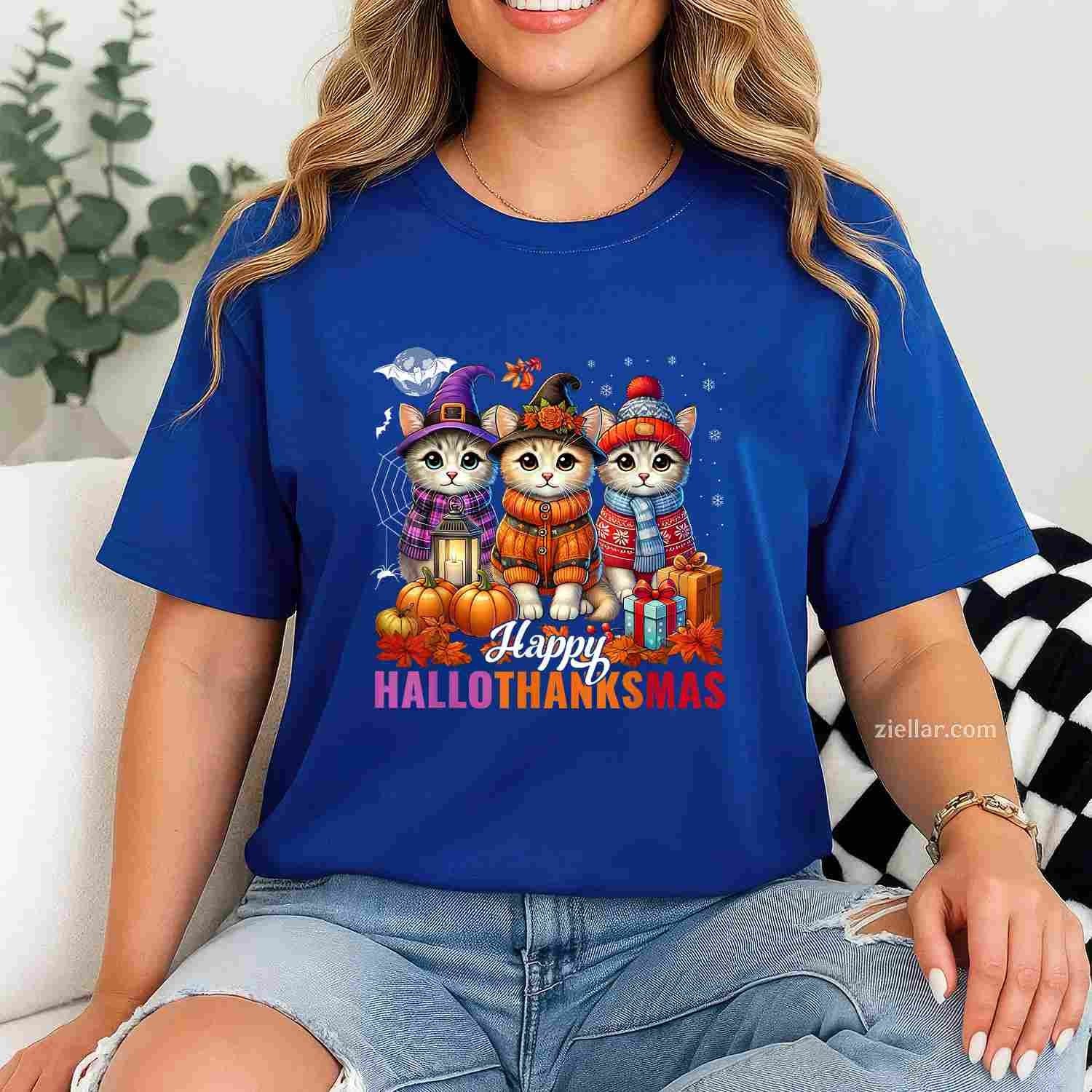 Halloween Thanksgiving Christmas Happy HalloThanksMas Cats Funny Graphic Tee and T-Shirt Gift for Adults Men Women Unisex Perfect Gift