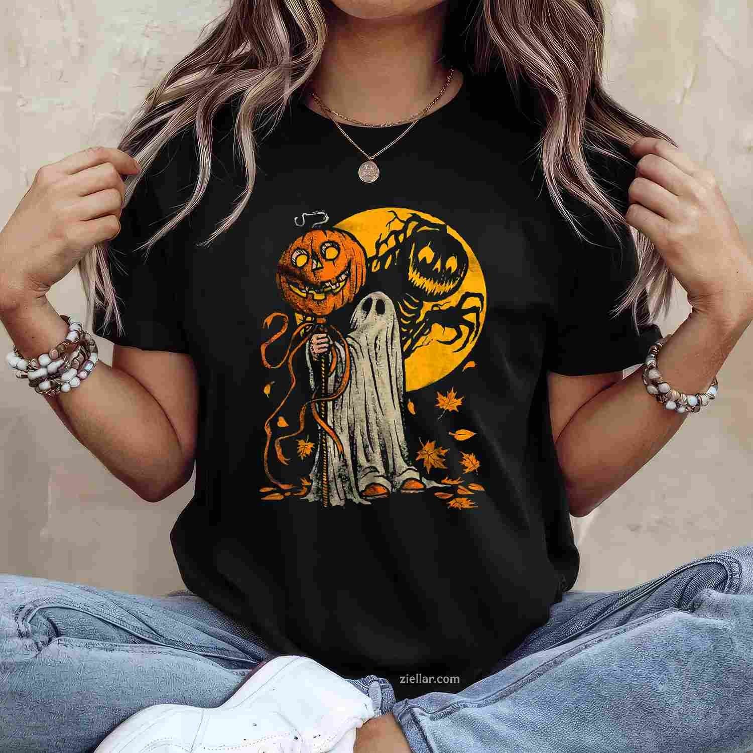 Halloween Pumpkin Ghost Autumn Leaves Graphic Art Tee, Halloween T-Shirt for Men Women Adults Unisex, Vintage Retro Graphic, Funny Novelty Gift