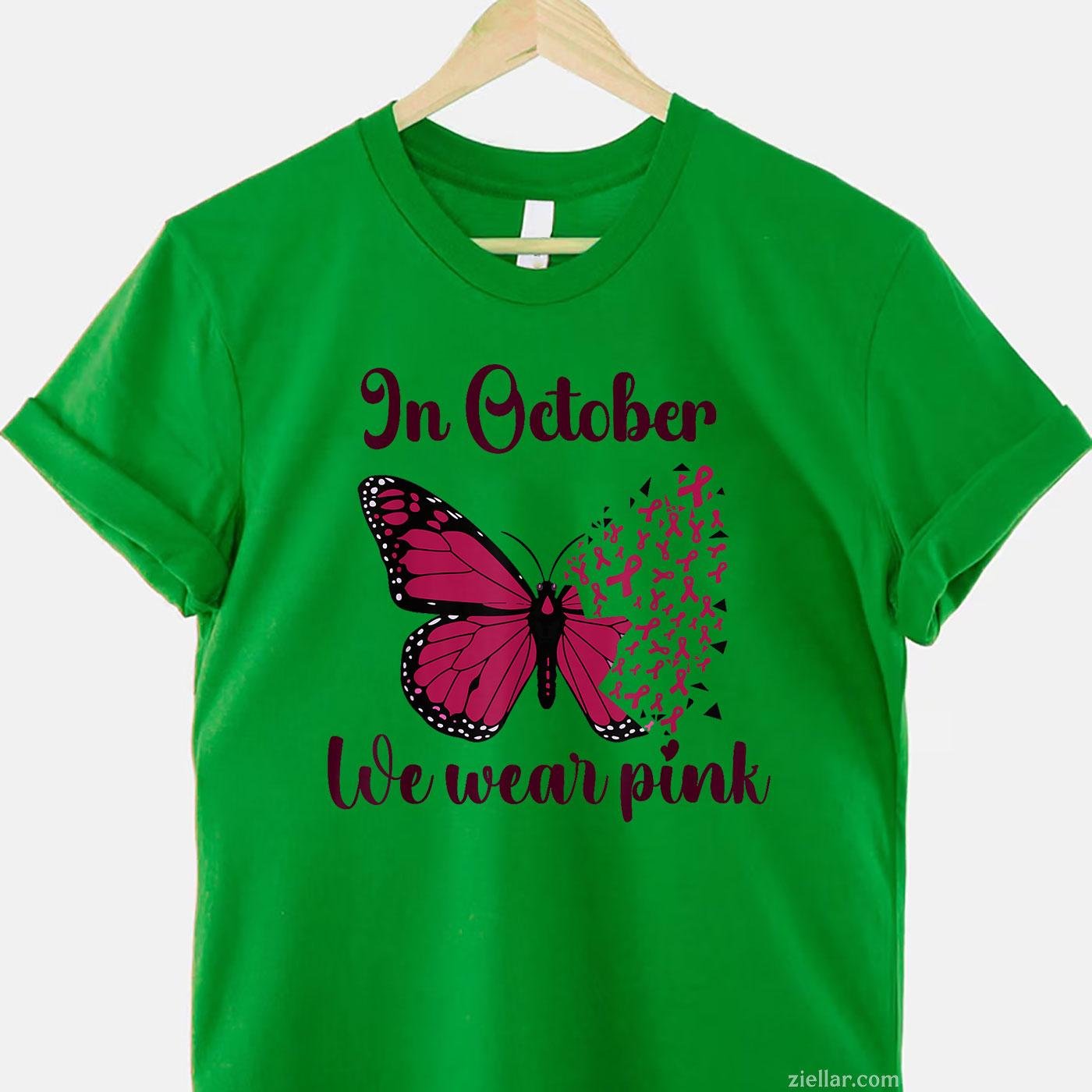 Halloween In October We Wear Pink Breast Cancer Awareness Funny Graphic Tee and T-Shirt Gift for Adults Men Women Unisex Perfect Gift