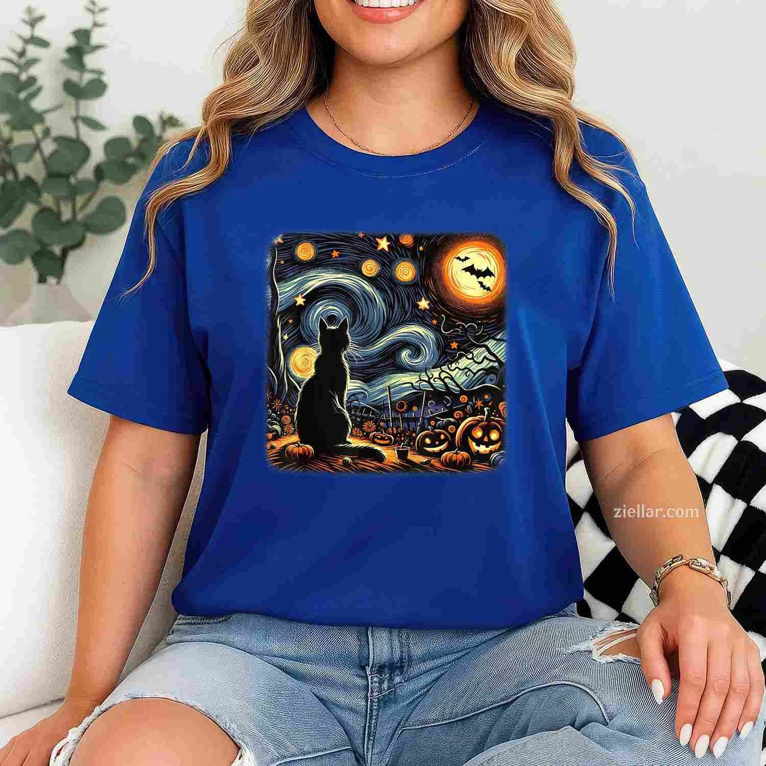 Halloween Black Cat Van Gogh Starry Night Cat Lovers Cat Tee, Halloween T-Shirt for Men Women Adults Unisex, Bold Statement Graphic, Party Outfit Favorite