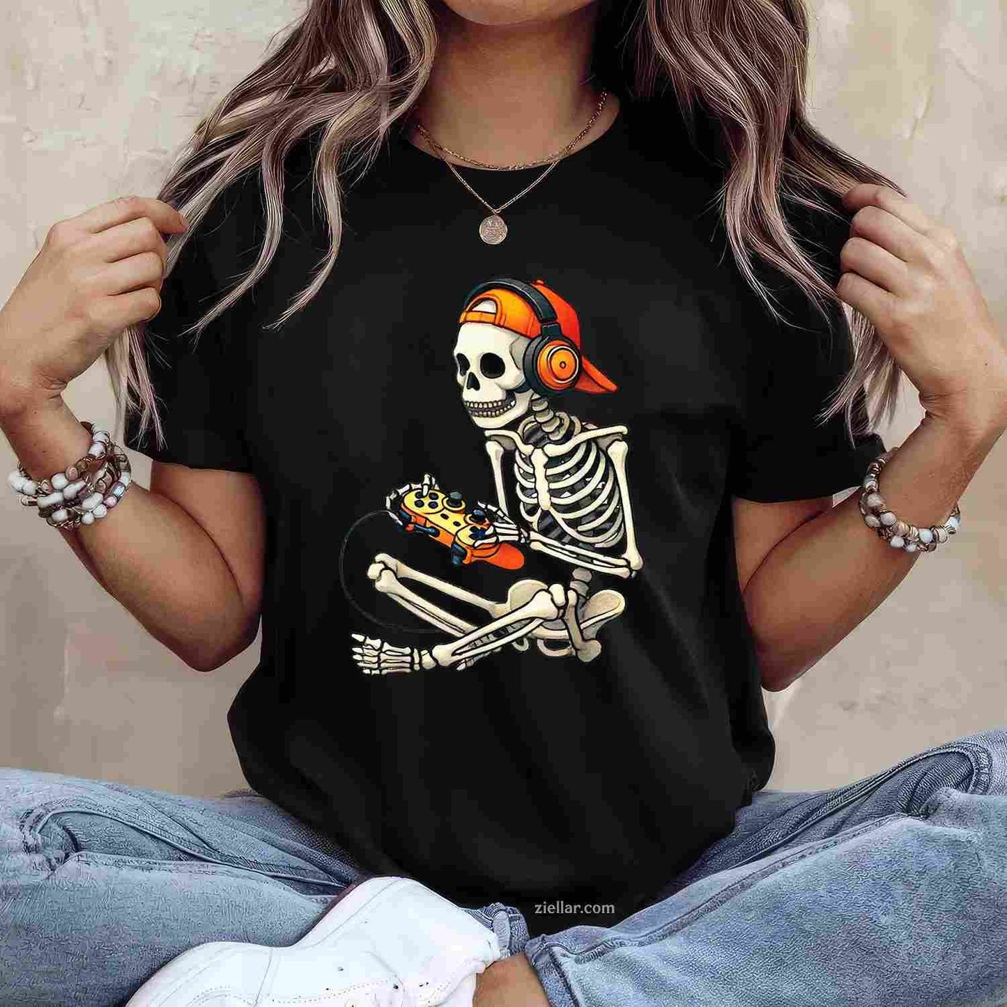 Halloween Skeleton Gamer Video Gaming Men Tee, Halloween T-Shirt for Men Women Adults Unisex, Aesthetic Streetwear Top, Soft Cotton Premium Print
