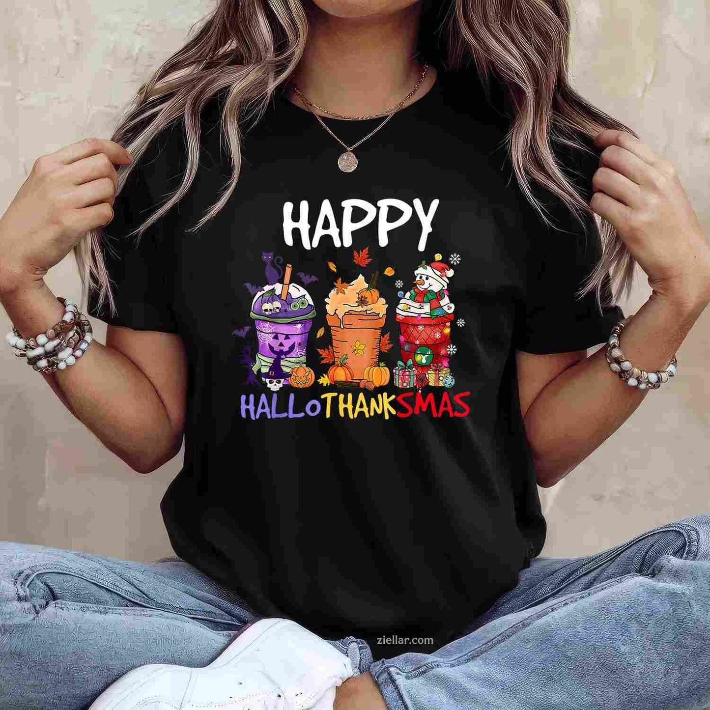 Halloween Thanksgiving Happy Hallothanksmas Season Coffee Funny Graphic Tee and T-Shirt Gift for Adults Men Women Unisex