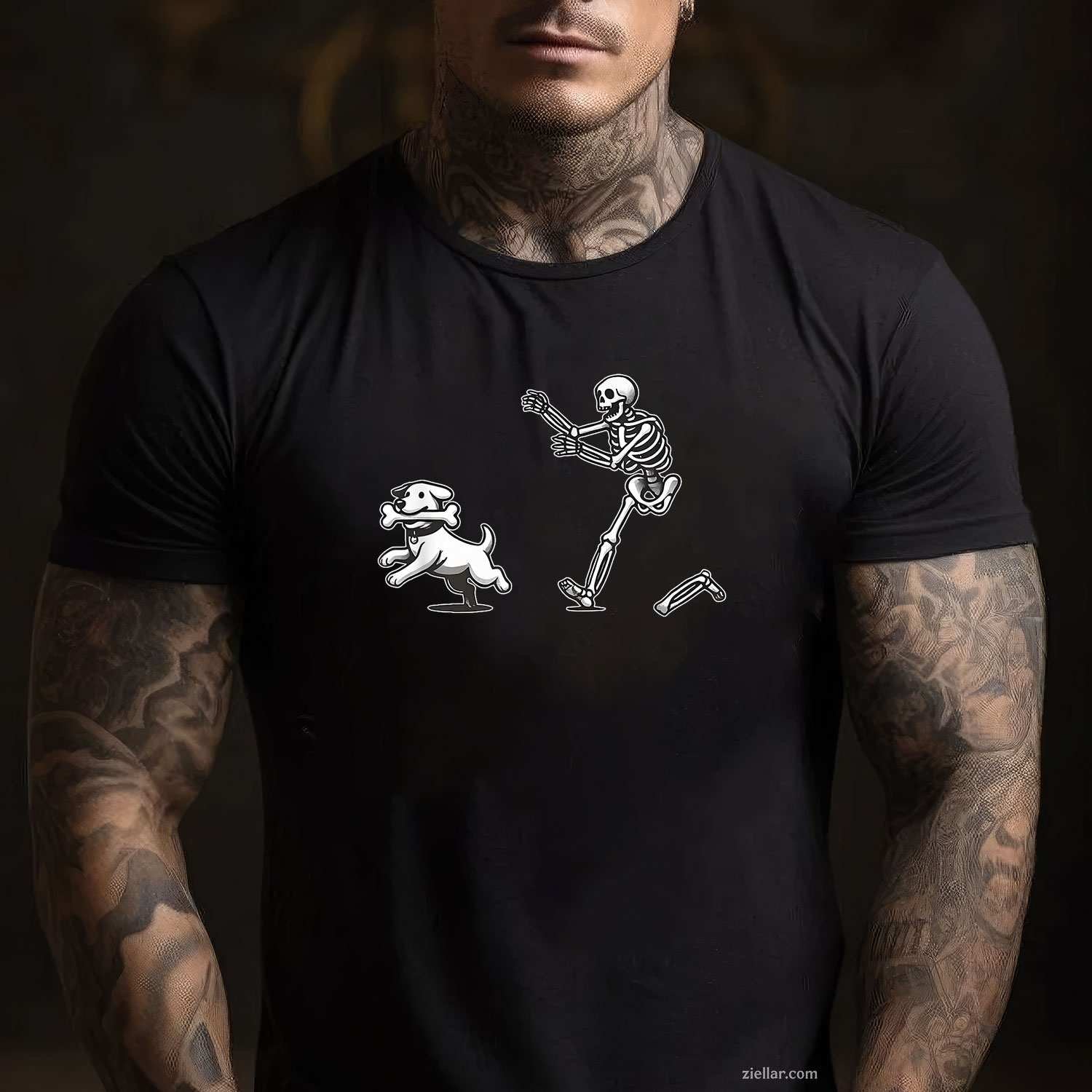 Halloween Dog, Funny Skeleton, Skeleton Chasing Dog Men Women Tee, Halloween T-Shirt for Men Women Adults Unisex, Bold Statement Graphic, Party Outfit Favorite