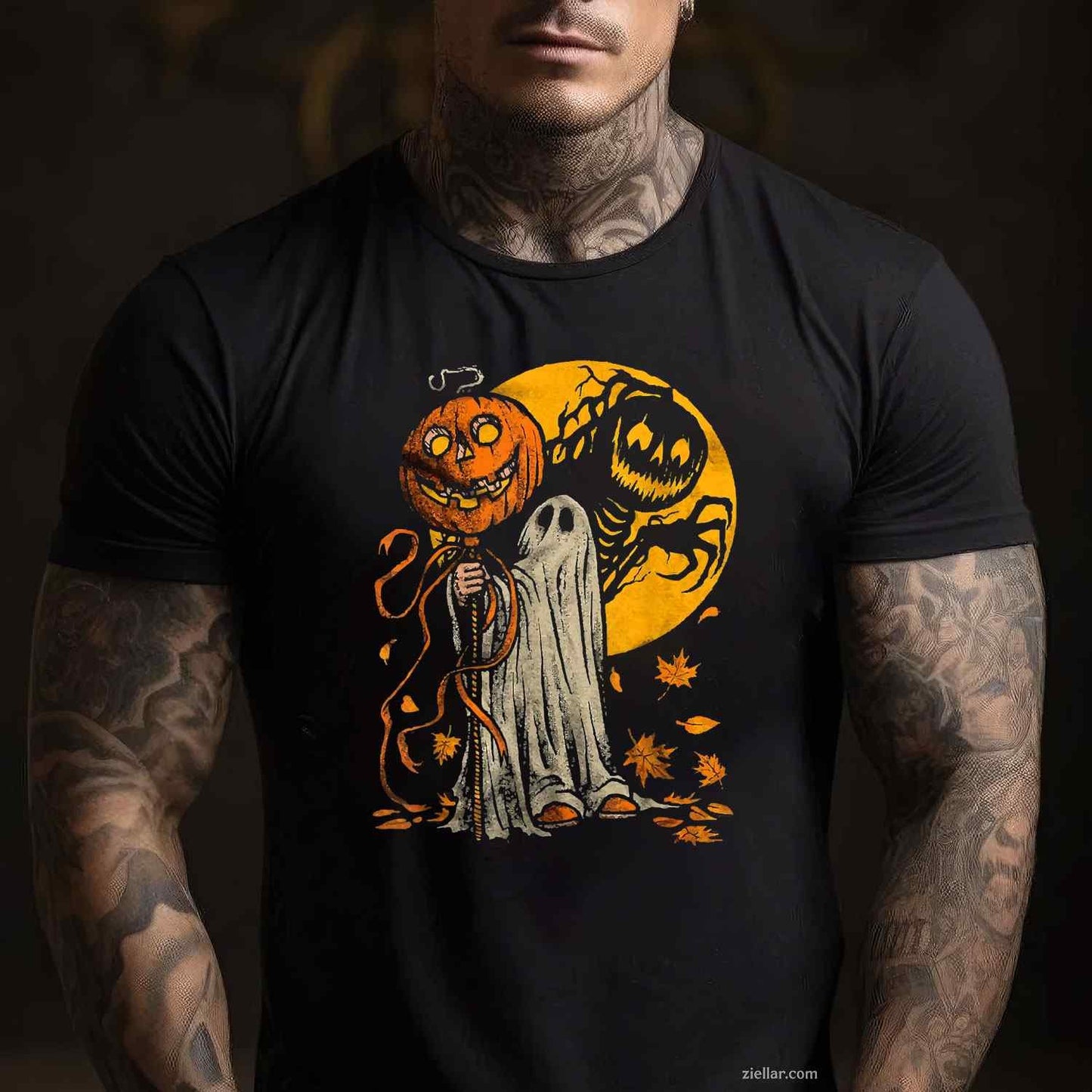 Halloween Pumpkin Ghost Autumn Leaves Graphic Art Tee, Halloween T-Shirt for Men Women Adults Unisex, Vintage Retro Graphic, Funny Novelty Gift