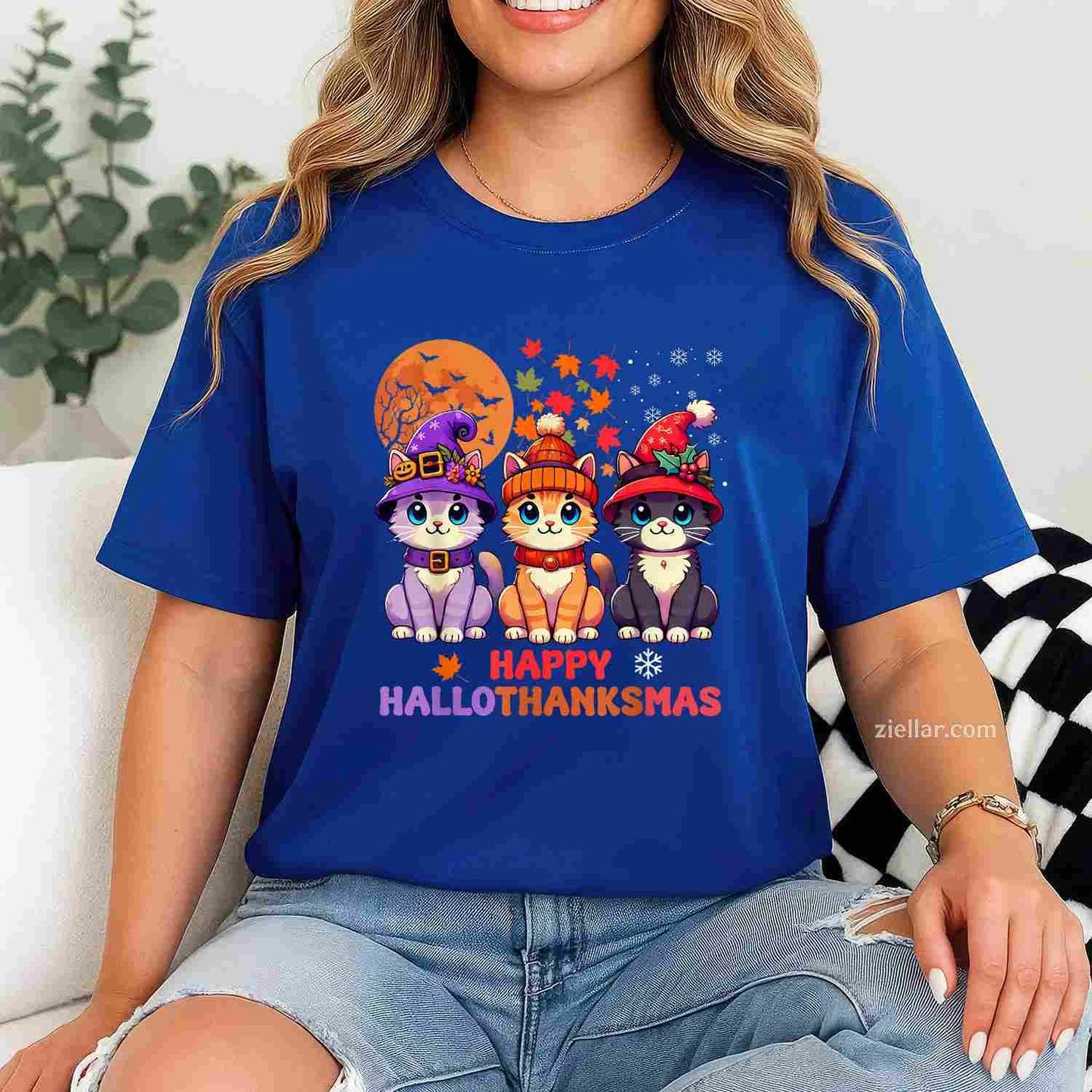 Halloween Thanksgiving Christmas Happy HalloThanksMas Cats Tee, Halloween T-Shirt for Men Women Adults Unisex, Vintage Retro Graphic, Funny Novelty Gift